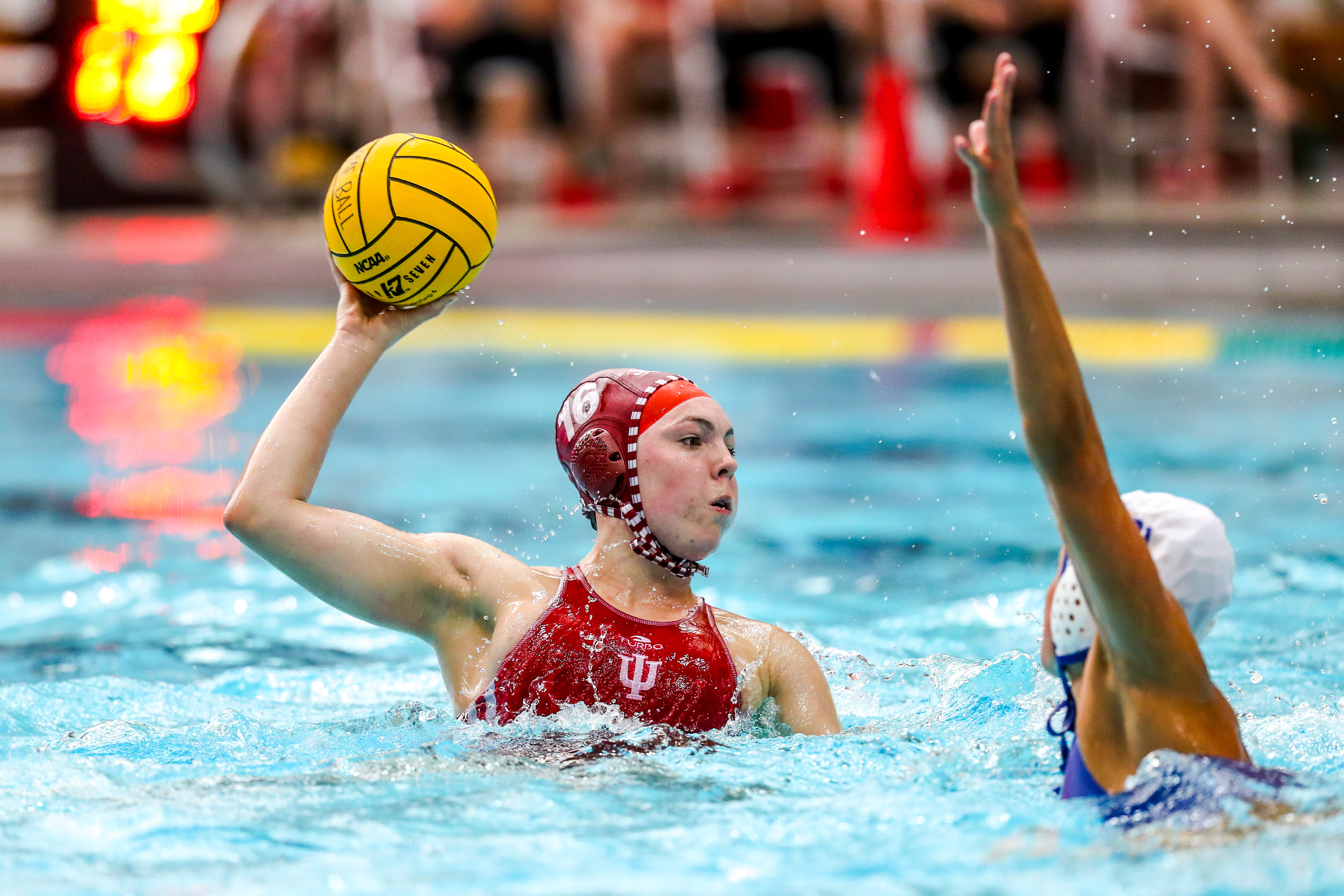 BLOOMINGTON, IN - April 13, 2021 - driver Kallie White #16 of the Indiana Hoosiers during the game against the UCLA Bruins and the Indiana Hoosiers at Counsilman-Billingsley Aquatic Center in Bloomington, IN. 