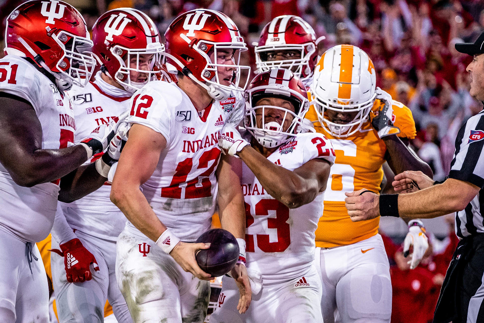 JACKSONVILLE, FL –01.02.2020 – The Indiana Hoosiers cheer after a touchdown during the TaxSlayer Gator Bowl against the Tennessee Volunteers and the Indiana Hoosiers at Everbank Stadium Stadium in Jacksonville, FL. 