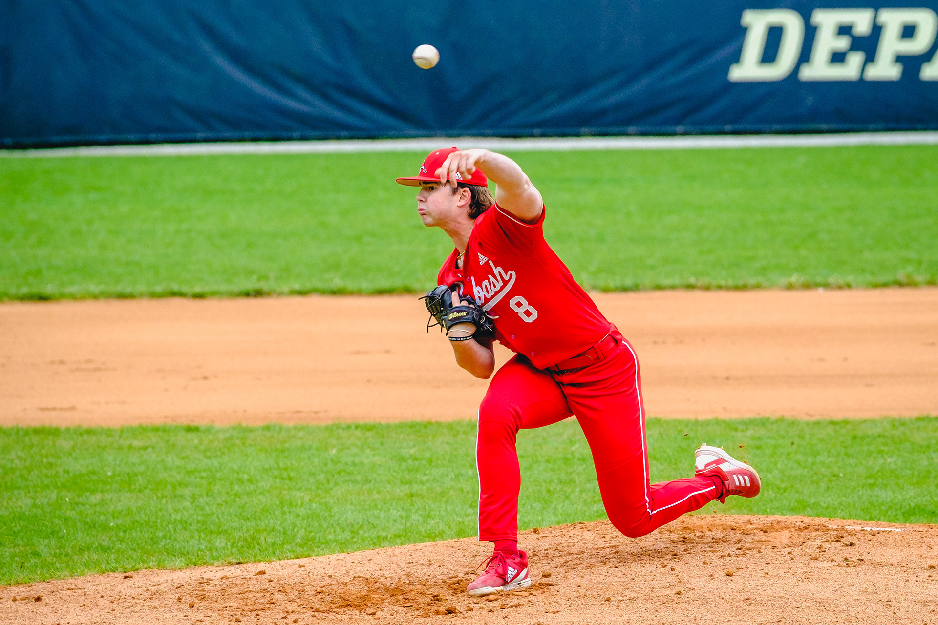 GREENCASTLE, IN – May 4, 2022 – Left-handed Pitcher Jacob Bishop #8 of the Wabash Little Giants during the game against the DePauw Tigers and the Wabash Little Giants at Walker Baseball Field in Greencastle, IN. 