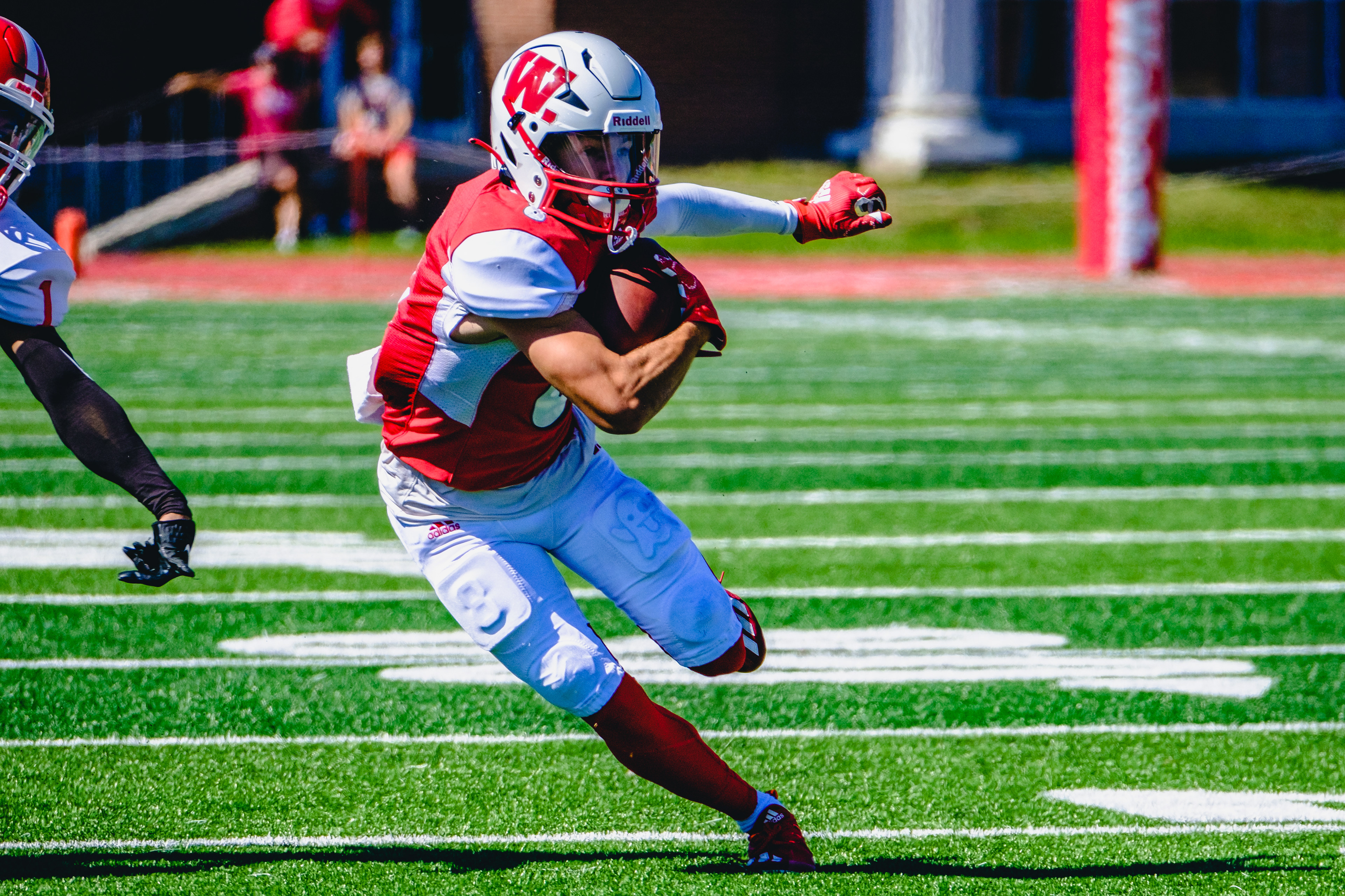 CRAWFORDSVILLE, IN – September 24, 2022 – Wide Receiver Jacob Ribble #8 of the Wabash Little Giants runs the ball during the game against the Denison Big Red and the Wabash Little Giants at Little Giant Stadium in Crawfordsville, IN.