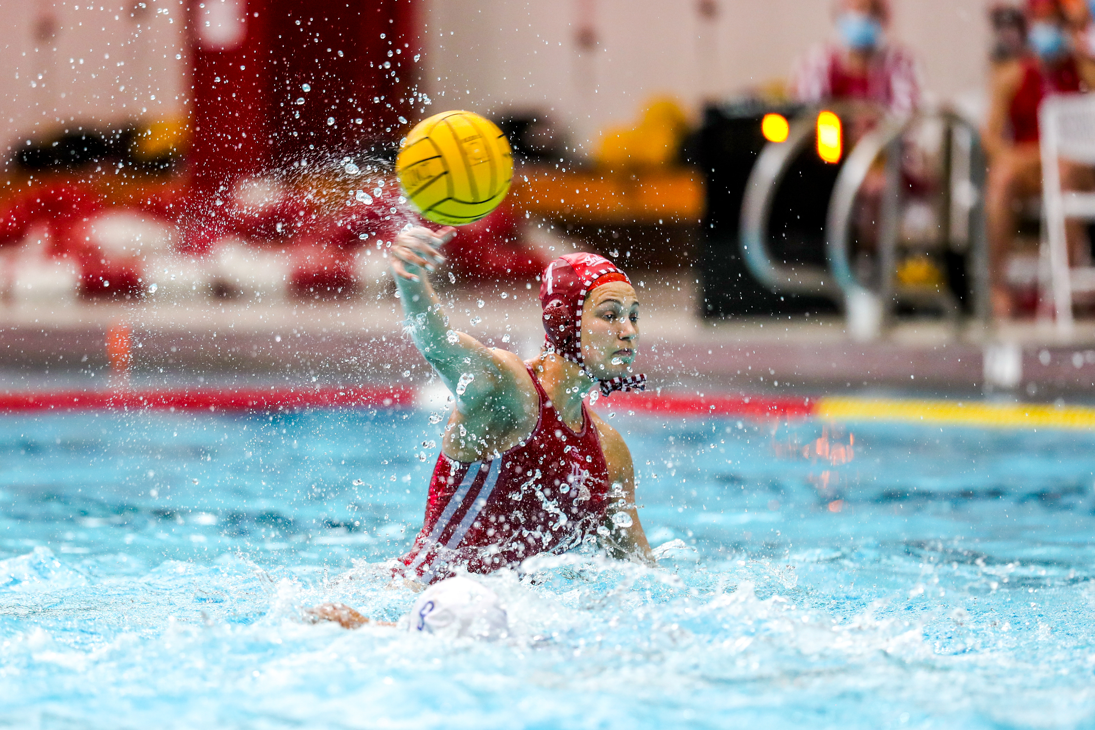 BLOOMINGTON, IN - April 13, 2021 - goalkeeper Mary Askew #1 of the Indiana Hoosiers during the game against the UCLA Bruins and the Indiana Hoosiers at Counsilman-Billingsley Aquatic Center in Bloomington, IN.
