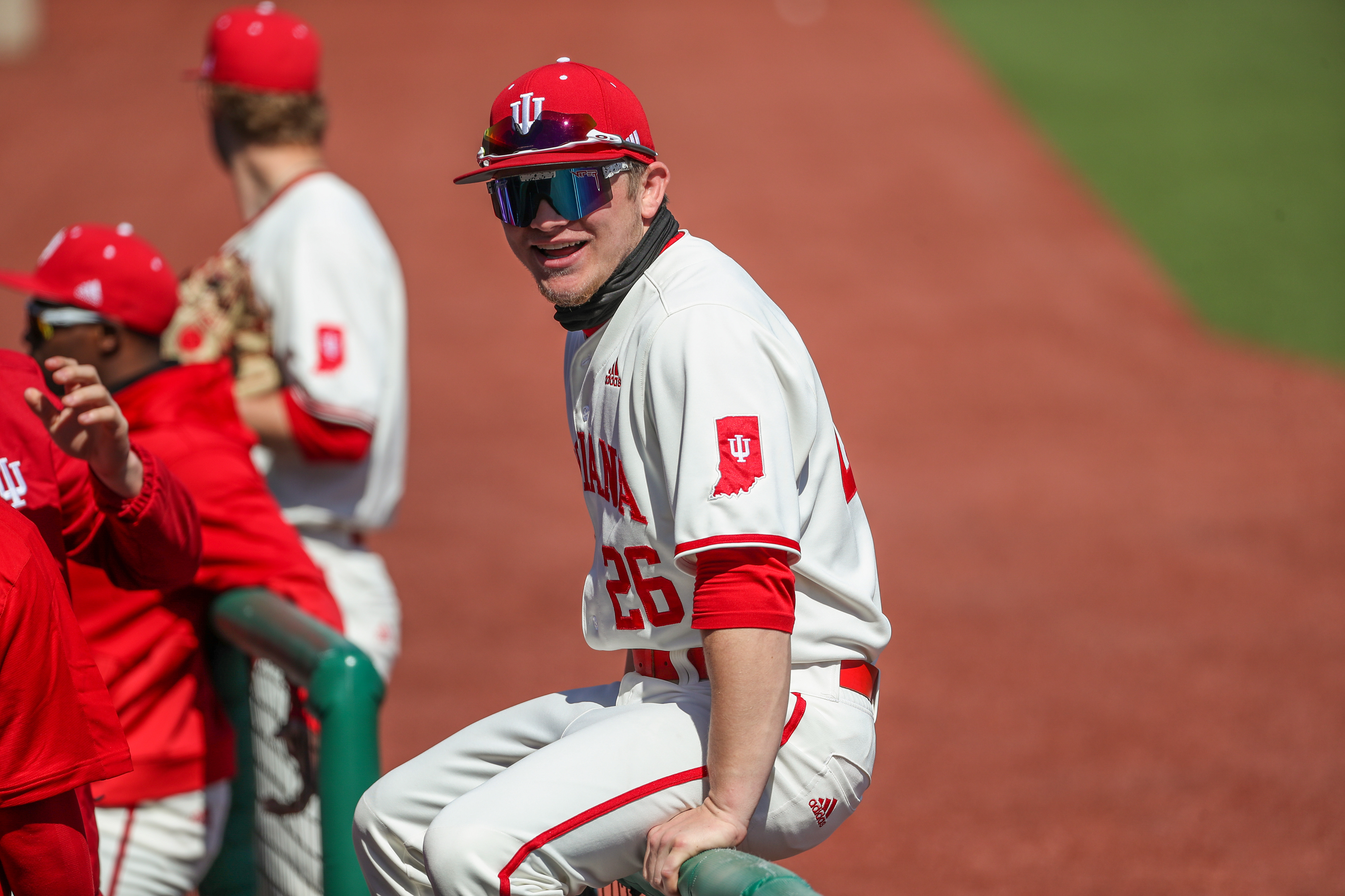 BLOOMINGTON, IN - March 20, 2021 -  Catcher Hunter Combs #26 of the Indiana Hoosiers during the game between the Purdue Boilermakers and the Indiana Hoosiers at the Bart Kaufman Field in Bloomington, IN. 