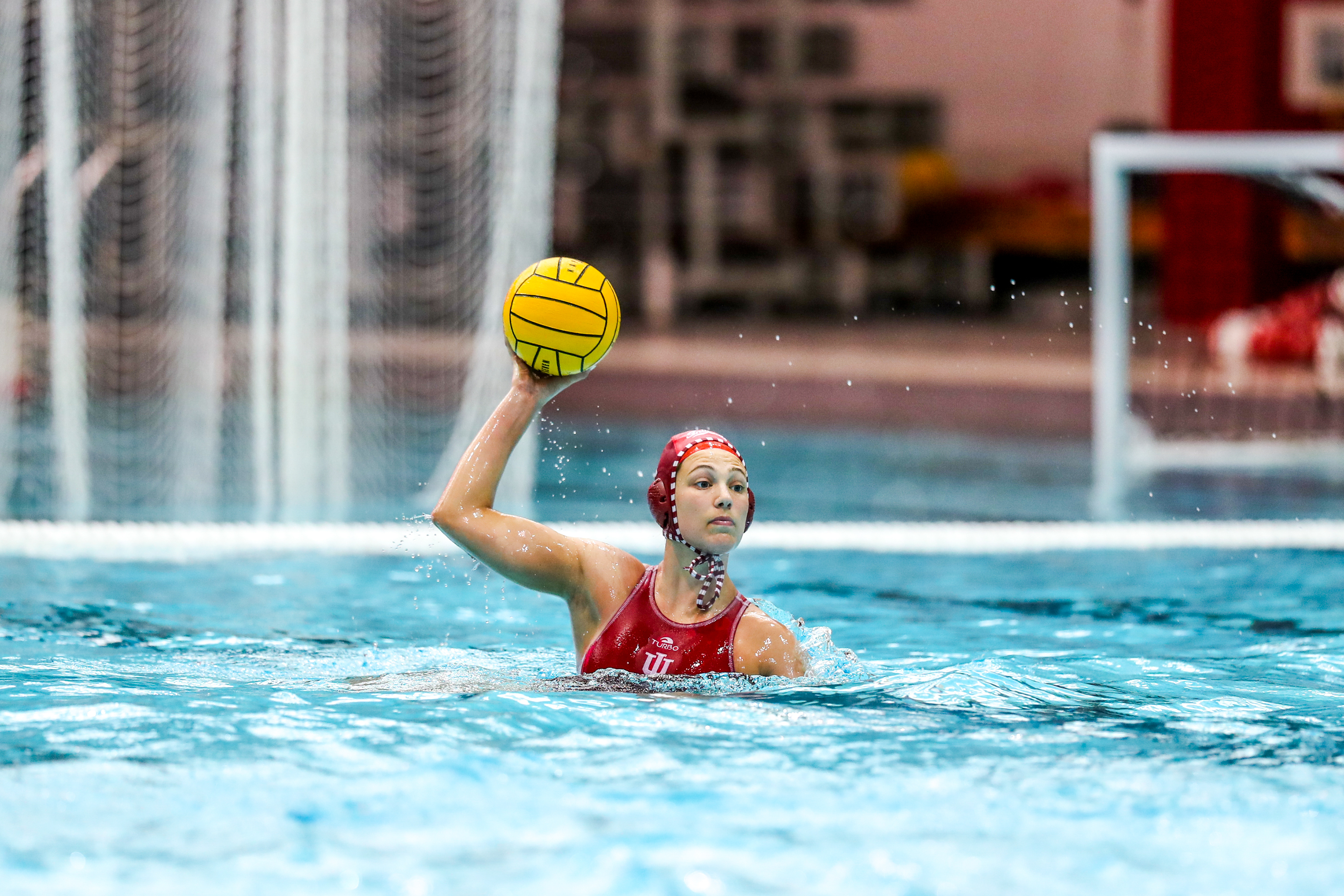 BLOOMINGTON, IN - April 13, 2021 - goalkeeper Mary Askew #1 of the Indiana Hoosiers during the game against the UCLA Bruins and the Indiana Hoosiers at Counsilman-Billingsley Aquatic Center in Bloomington, IN.