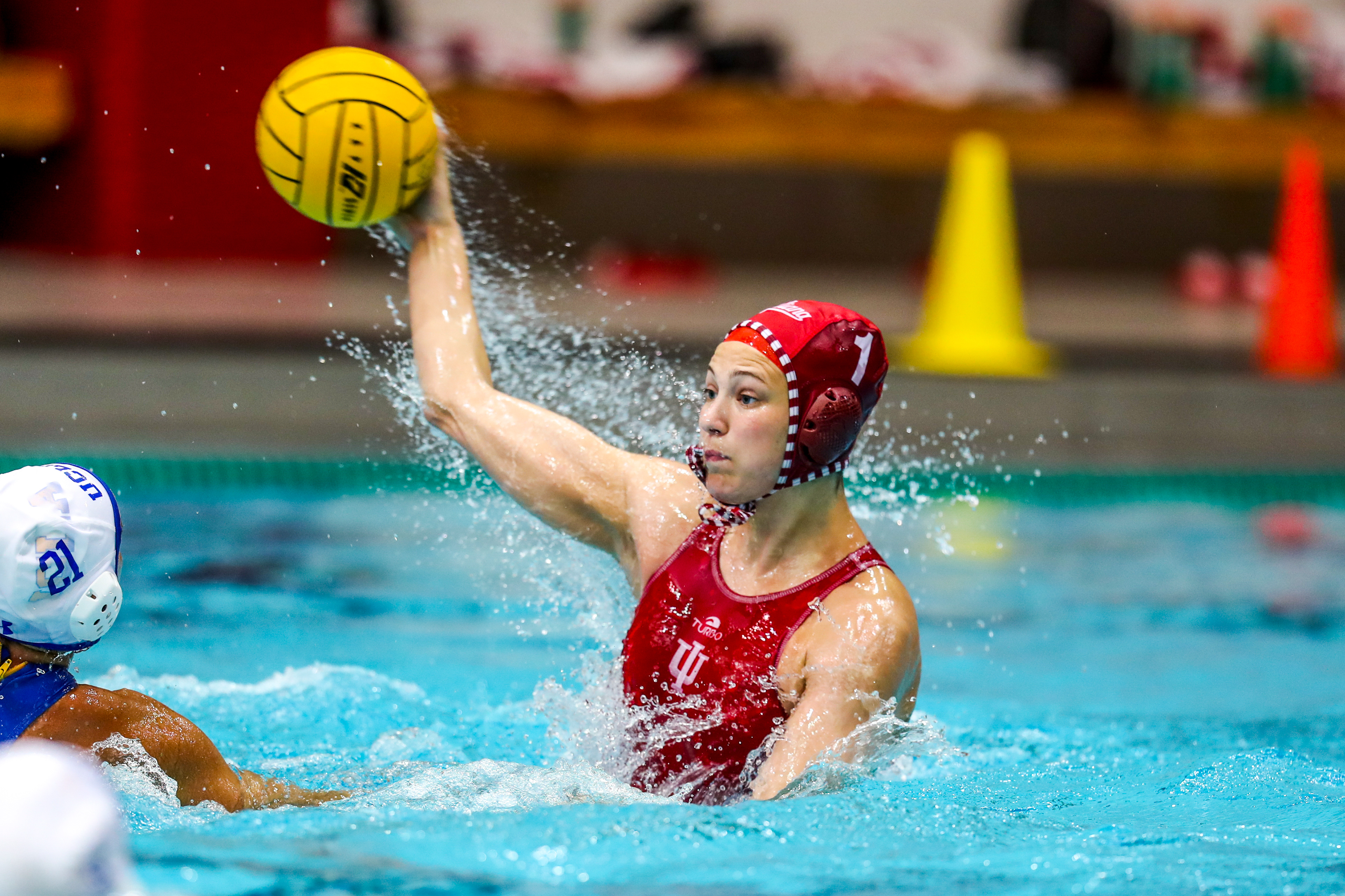 BLOOMINGTON, IN - April 13, 2021 - goalkeeper Mary Askew #1 of the Indiana Hoosiers during the game against the UCLA Bruins and the Indiana Hoosiers at Counsilman-Billingsley Aquatic Center in Bloomington, IN. 