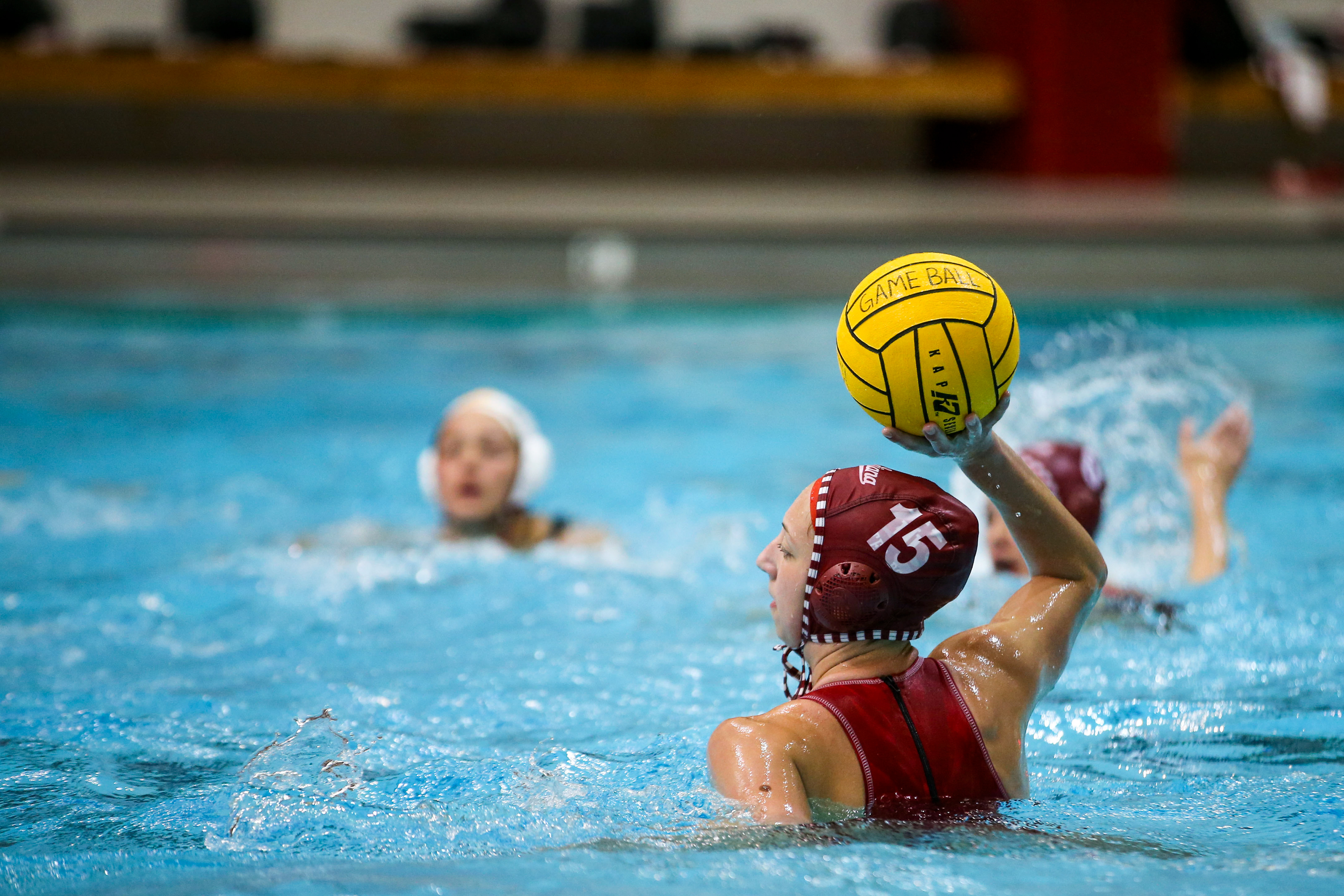 BLOOMINGTON, IN - April 02, 2021 - attacker Sophie Wazaan #15 of the Indiana Hoosiers during the game against the Southern California Trojans and the Indiana Hoosiers at Counsilman-Billingsley Aquatic Center in Bloomington, IN.