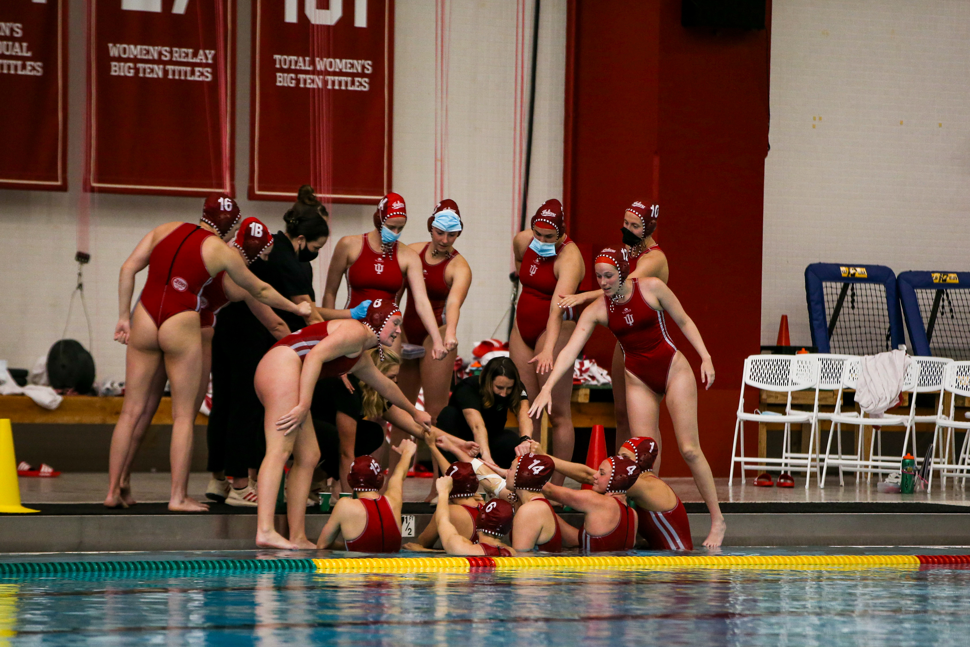 BLOOMINGTON, IN - April 02, 2021 - Indiana Hoosiers Water Polo team during the game against the Southern California Trojans and the Indiana Hoosiers at Counsilman-Billingsley Aquatic Center in Bloomington, IN.