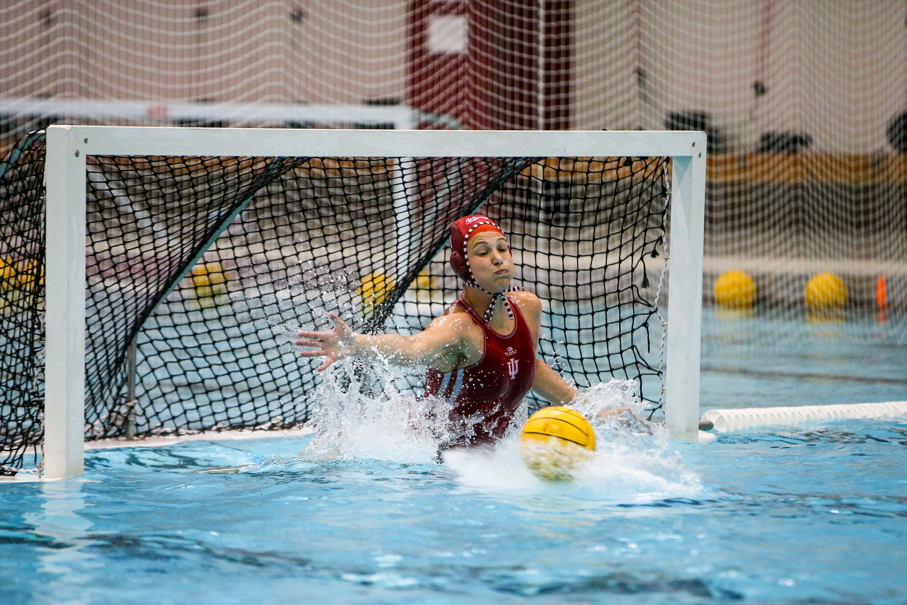 BLOOMINGTON, IN - April 02, 2021 - goalkeeper Mary Askew #1 of the Indiana Hoosiers during the game against the Southern California Trojans and the Indiana Hoosiers at Counsilman-Billingsley Aquatic Center in Bloomington, IN. 
