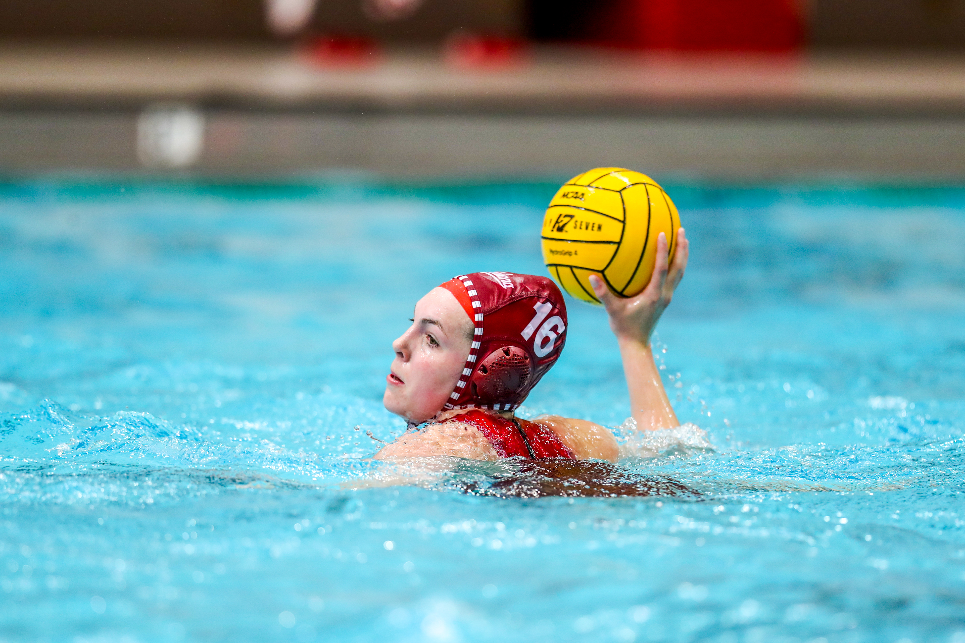 BLOOMINGTON, IN - April 13, 2021 - driver Kallie White #16 of the Indiana Hoosiers during the game against the UCLA Bruins and the Indiana Hoosiers at Counsilman-Billingsley Aquatic Center in Bloomington, IN. 