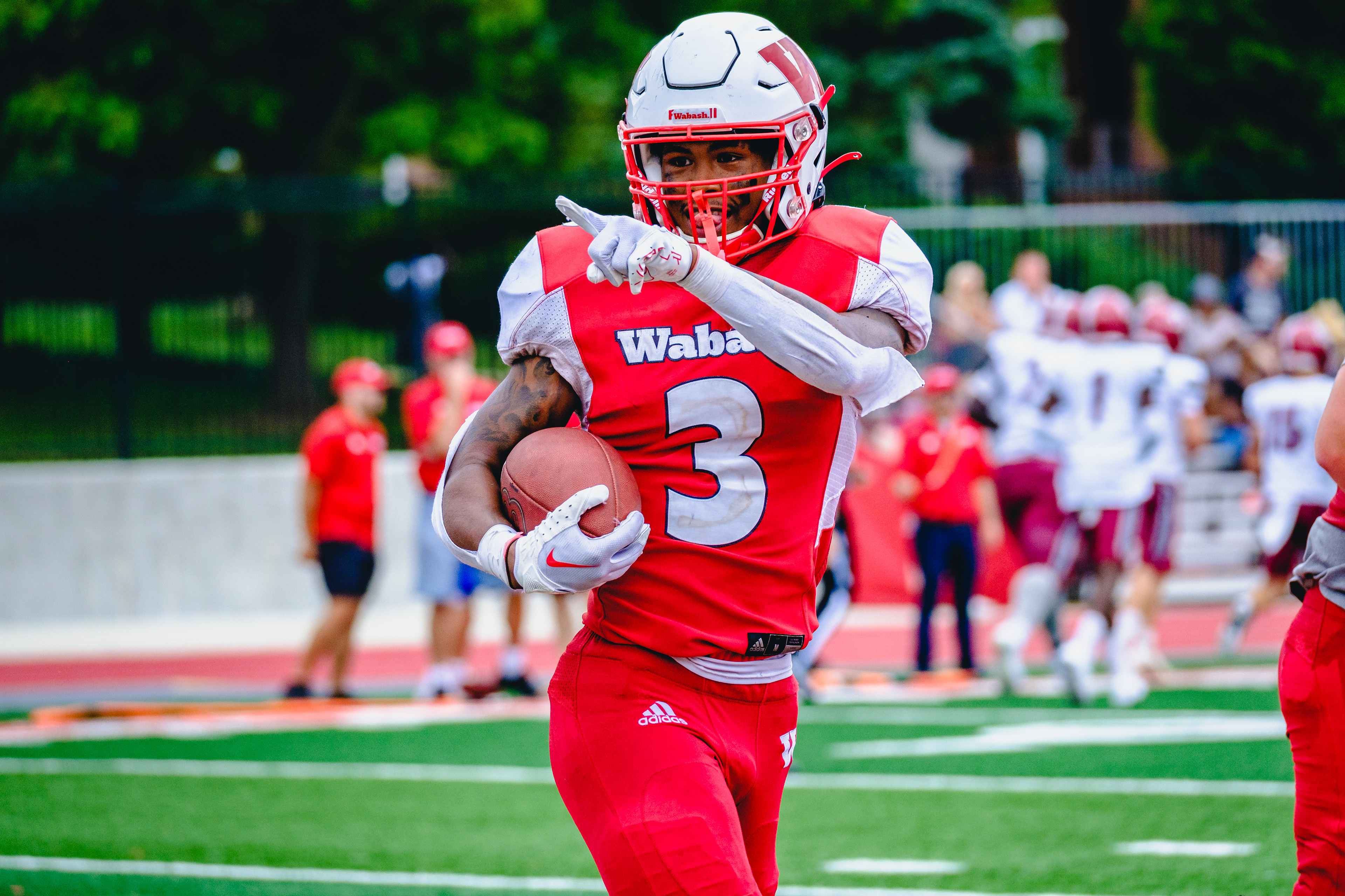 CRAWFORDSVILLE, IN – September 03, 2022 – Wide Receiver Derek Allen Jr. #3 of the Wabash Little Giants points the crowd during the game against the Hampden-Sydney Tigers and the Wabash Little Giants at Little Giant Stadium in Crawfordsville, IN. 