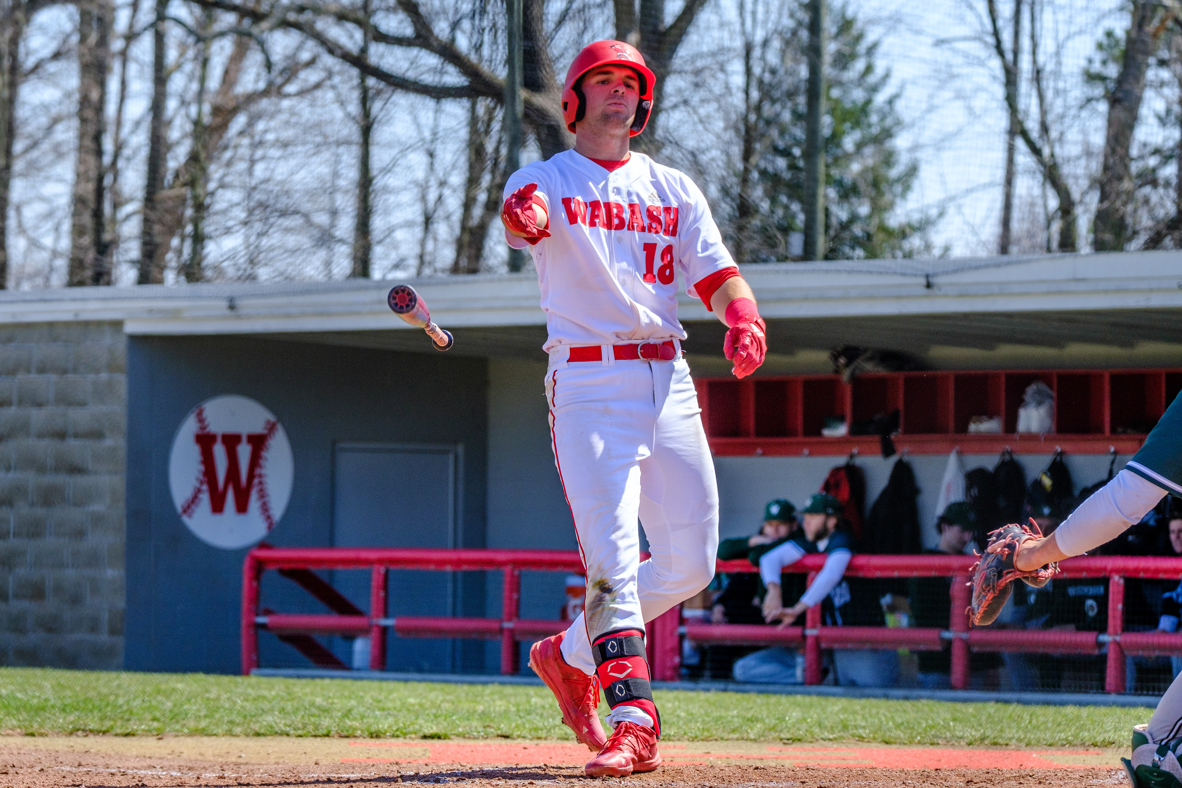 CRAWFORDSVILLE, IN - March 26, 2023 - Outfielder Camden Scheidt #18 The Wabash Little Giants during the game between the Illinois Wesleyan Titans and the Wabash Little Giants at the Goodrich Ballpark in Crawfordsville, IN.