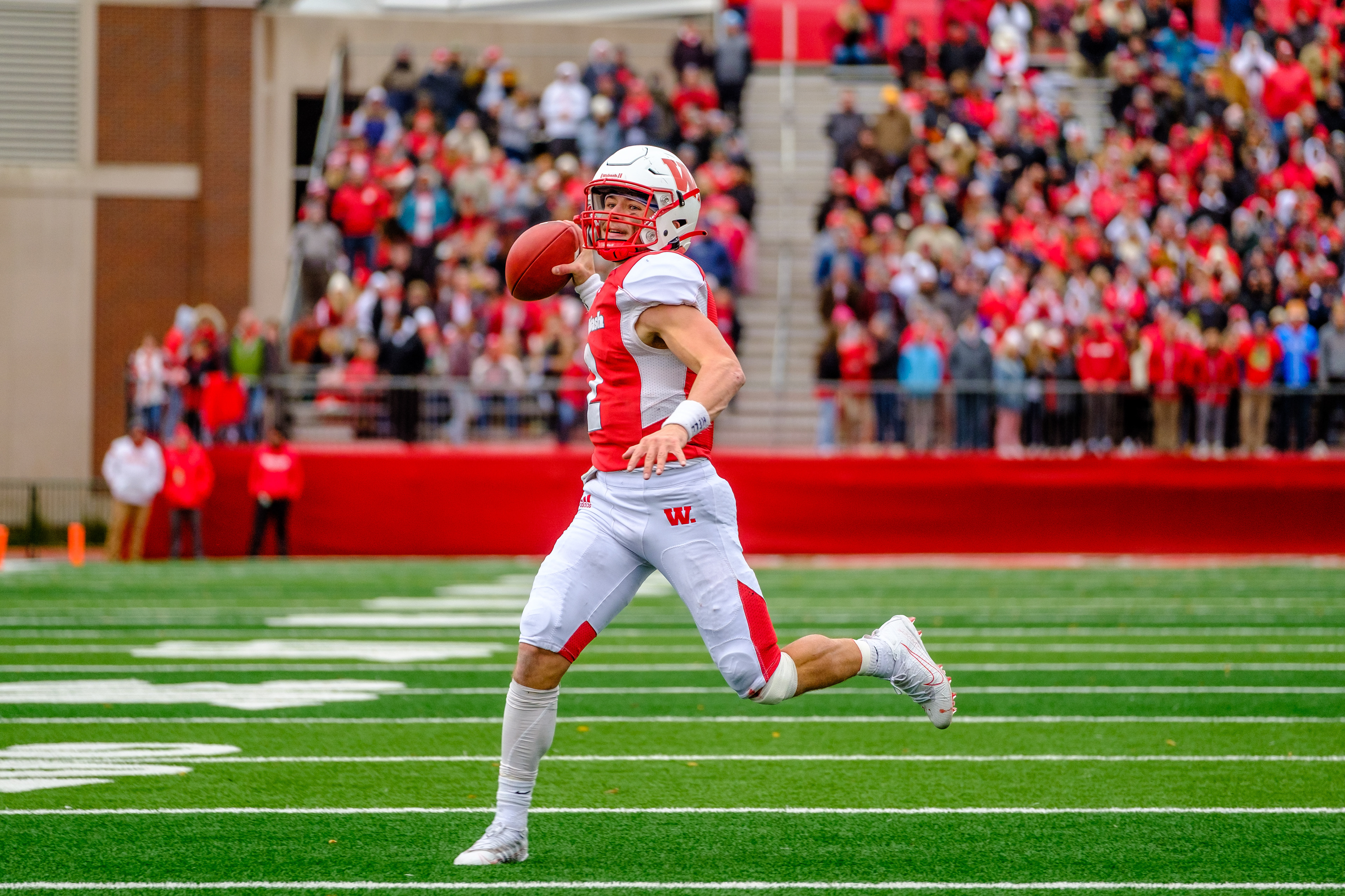 CRAWFORDSVILLE, IN – November 06, 2021 – Quarterback Liam Thompson #2 of the Wabash Little Giants throws the ball during the game against the DePauw Tigers and the Wabash Little Giants at Little Giant Stadium in Crawfordsville, IN. 