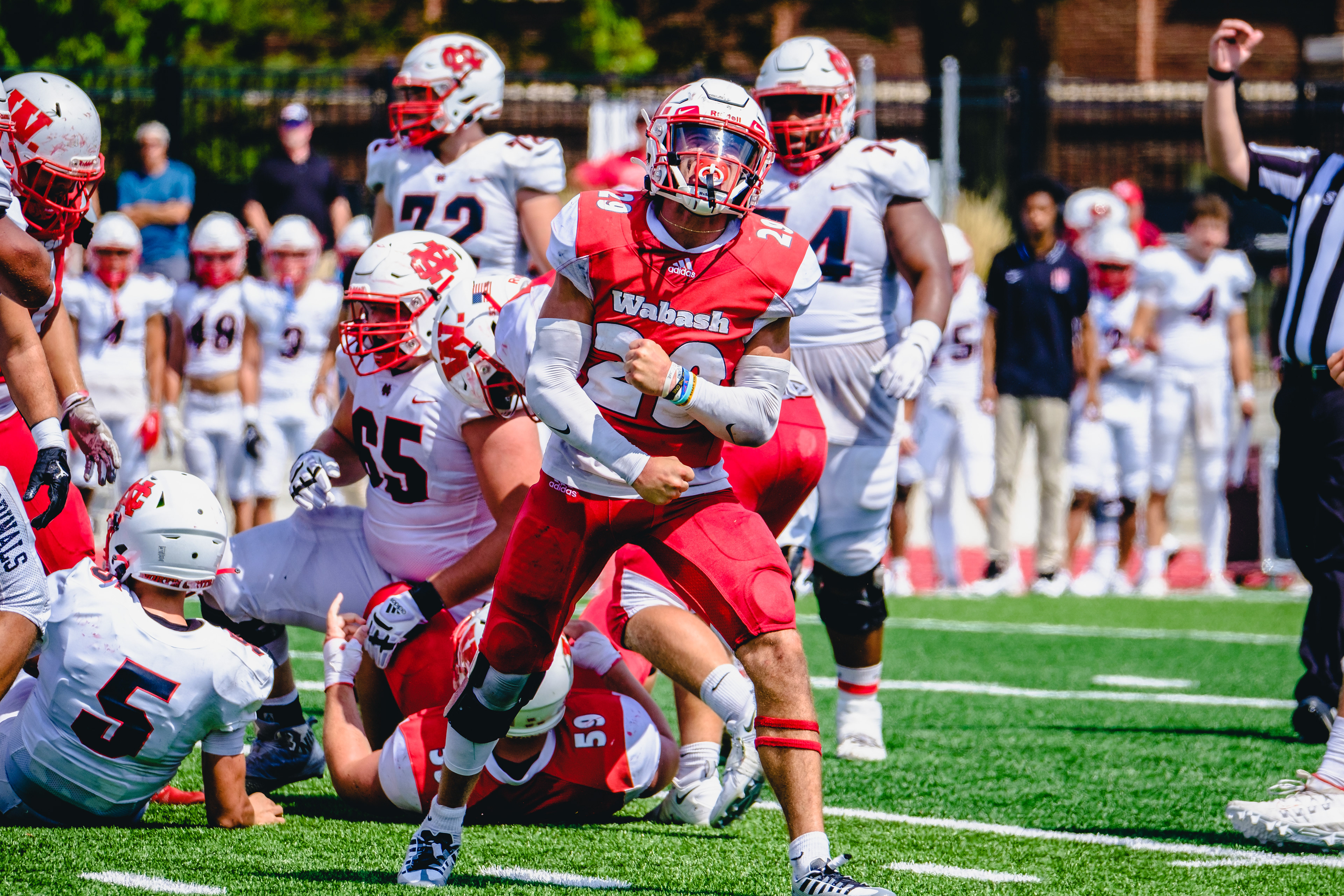 CRAWFORDSVILLE, IN – September 10, 2022 – Defensive Back Samuel Ringer #29 of the Wabash Little Giants cheers during the game against the North Central Cardinals and the Wabash Little Giants at Little Giant Stadium in Crawfordsville, IN.