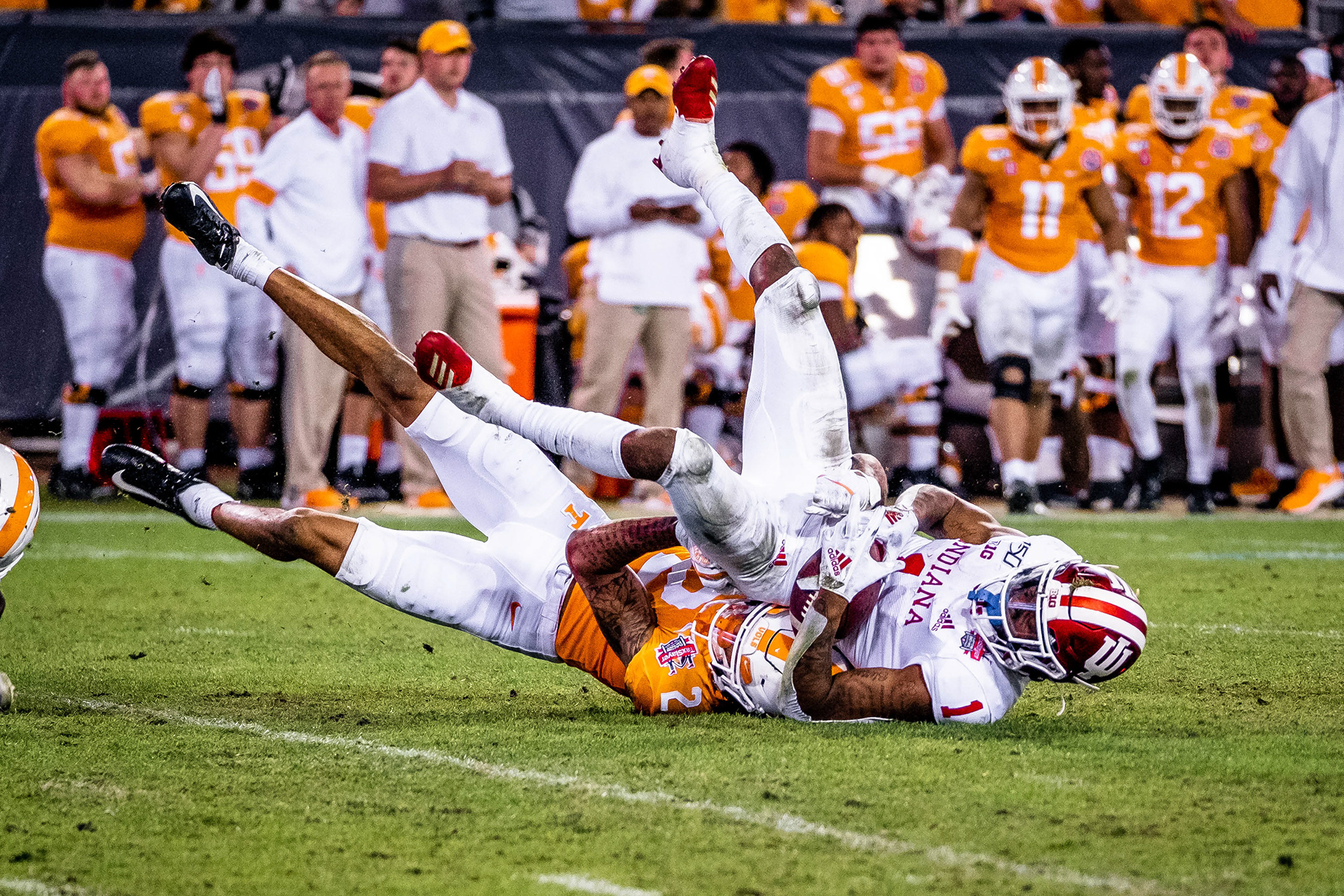 JACKSONVILLE, FL – 01.02.2020 – Wide Receiver Whop Philyor #1 of the Indiana Hoosiers catches the ball during the TaxSlayer Gator Bowl against the Tennessee Volunteers and the Indiana Hoosiers at Everbank Stadium Stadium in Jacksonville, FL.