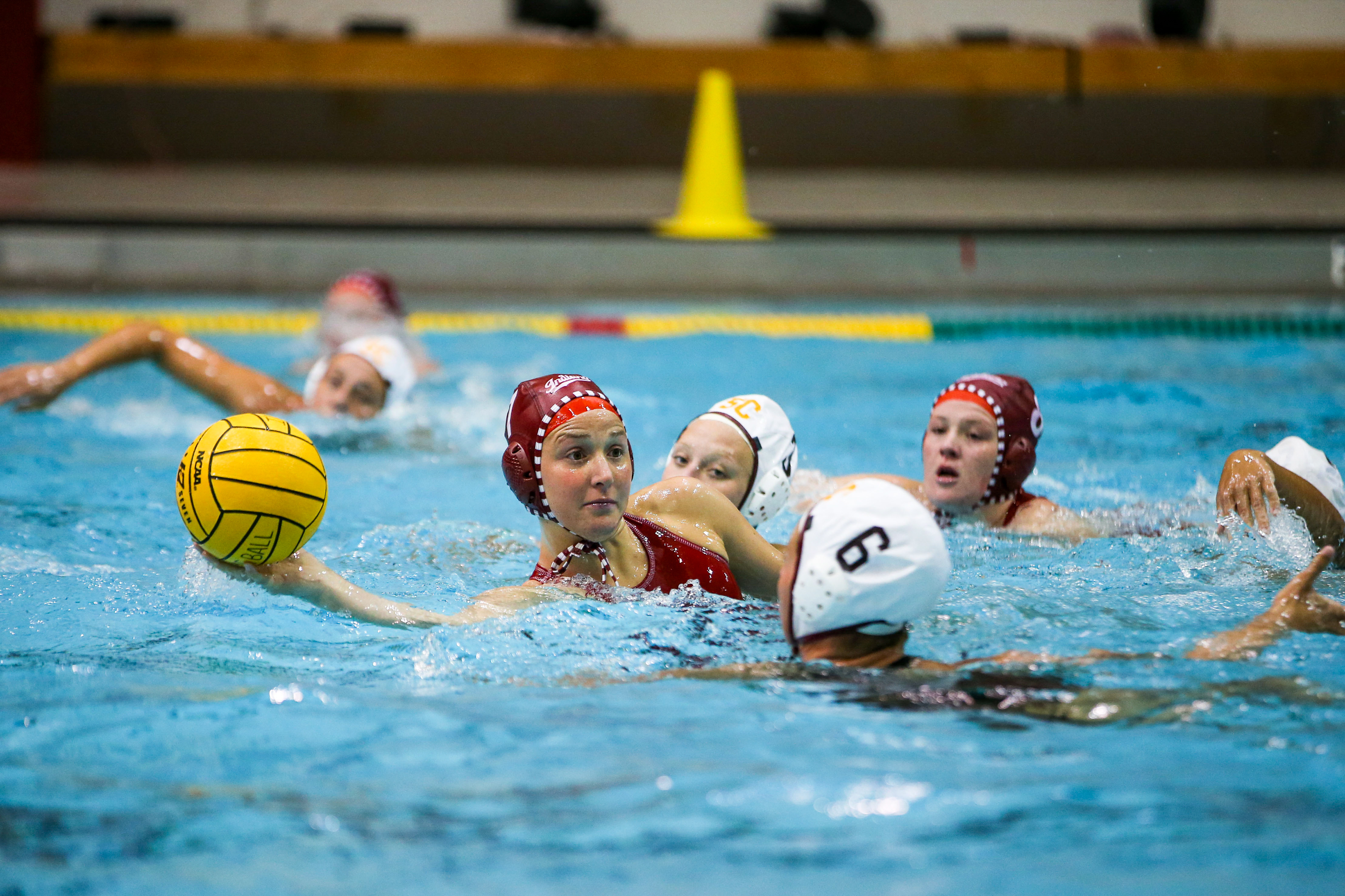 BLOOMINGTON, IN - April 02, 2021 - utility Katherine Hawkins #7 of the Indiana Hoosiers during the game against the Southern California Trojans and the Indiana Hoosiers at Counsilman-Billingsley Aquatic Center in Bloomington, IN.