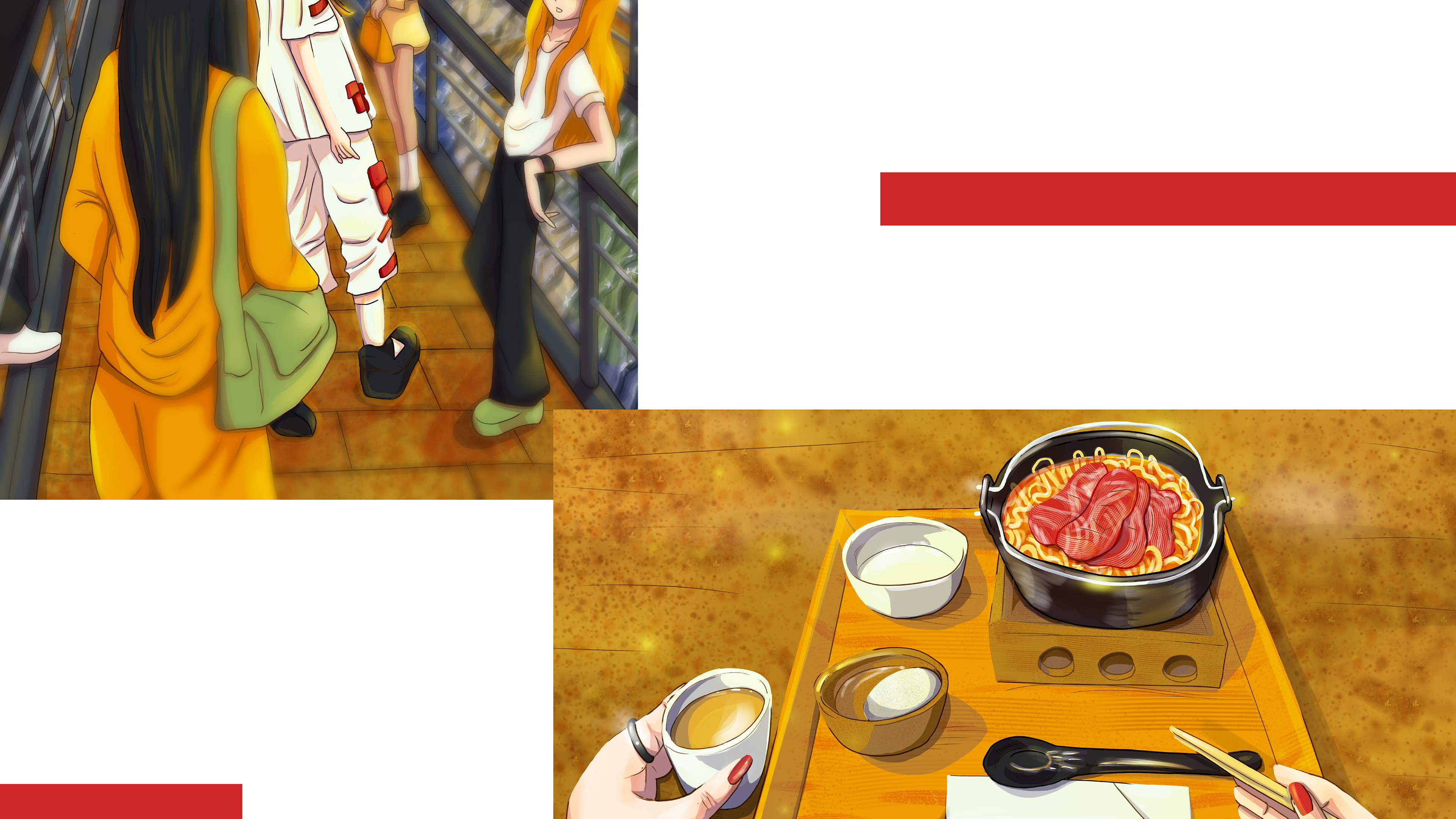 final illustrations of the Osaka Food Editorial Illustrations project by Babs Perini shown in a bigger size for more details. Illustration of the table food set showing the wagyu udon and one hand holding the cup of green tea while the other hand holds the chopsticks
