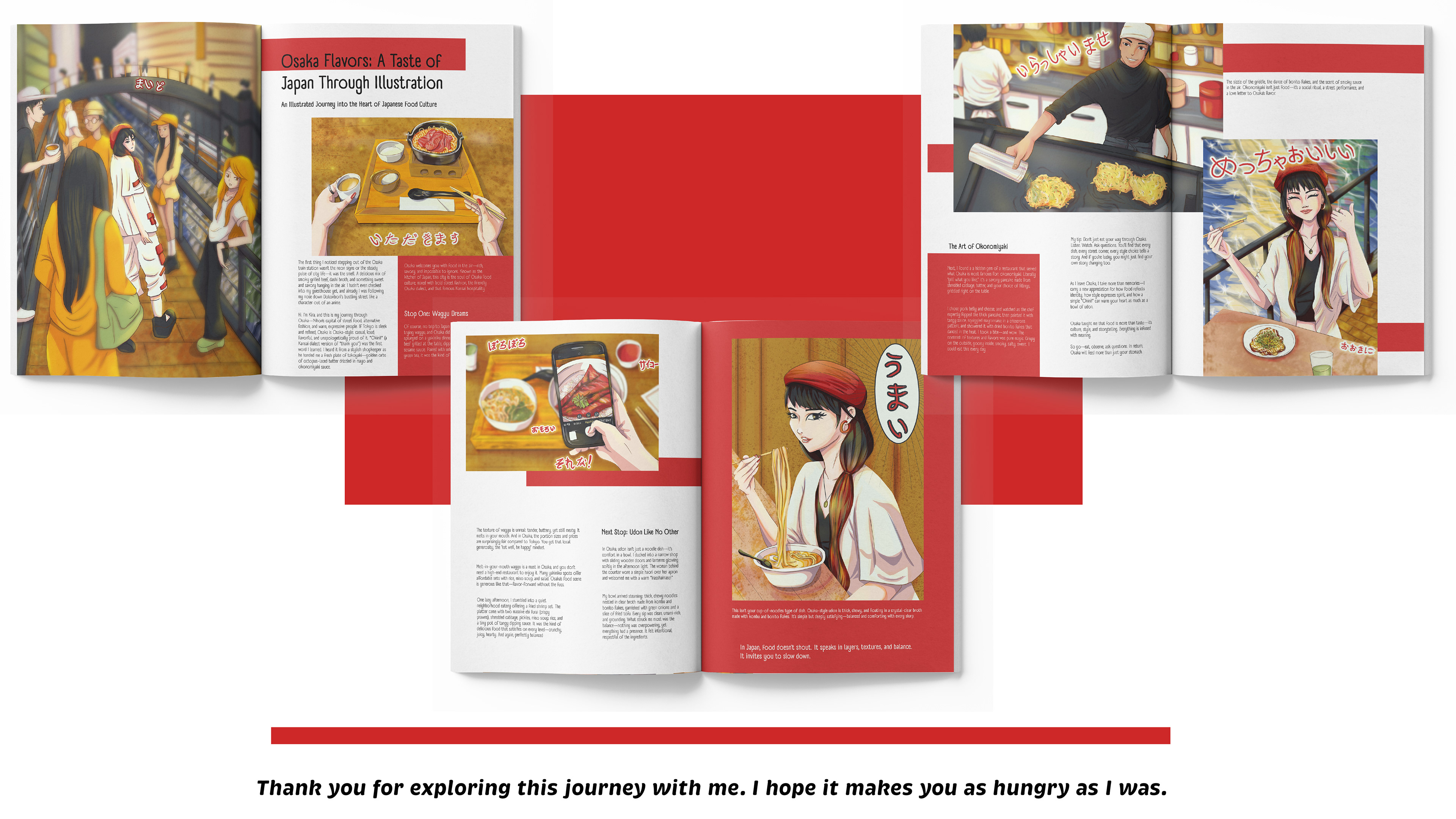 display of the magazine mockup showing the Osaka Food editorial illustration created by Babs Perini. The sequence shows three miniatures of magazine pages and how the illustrations and the article would be disposed on a magazine page. The total are six pages, being the first a full page illustration of the river and nightlife in Osaka. The other pages show a composition of the text content of the article on Osaka Food and the disposition of the other five illustrations along with the article. The main colours are red and white, to reinforce the Japanese flag characteristic