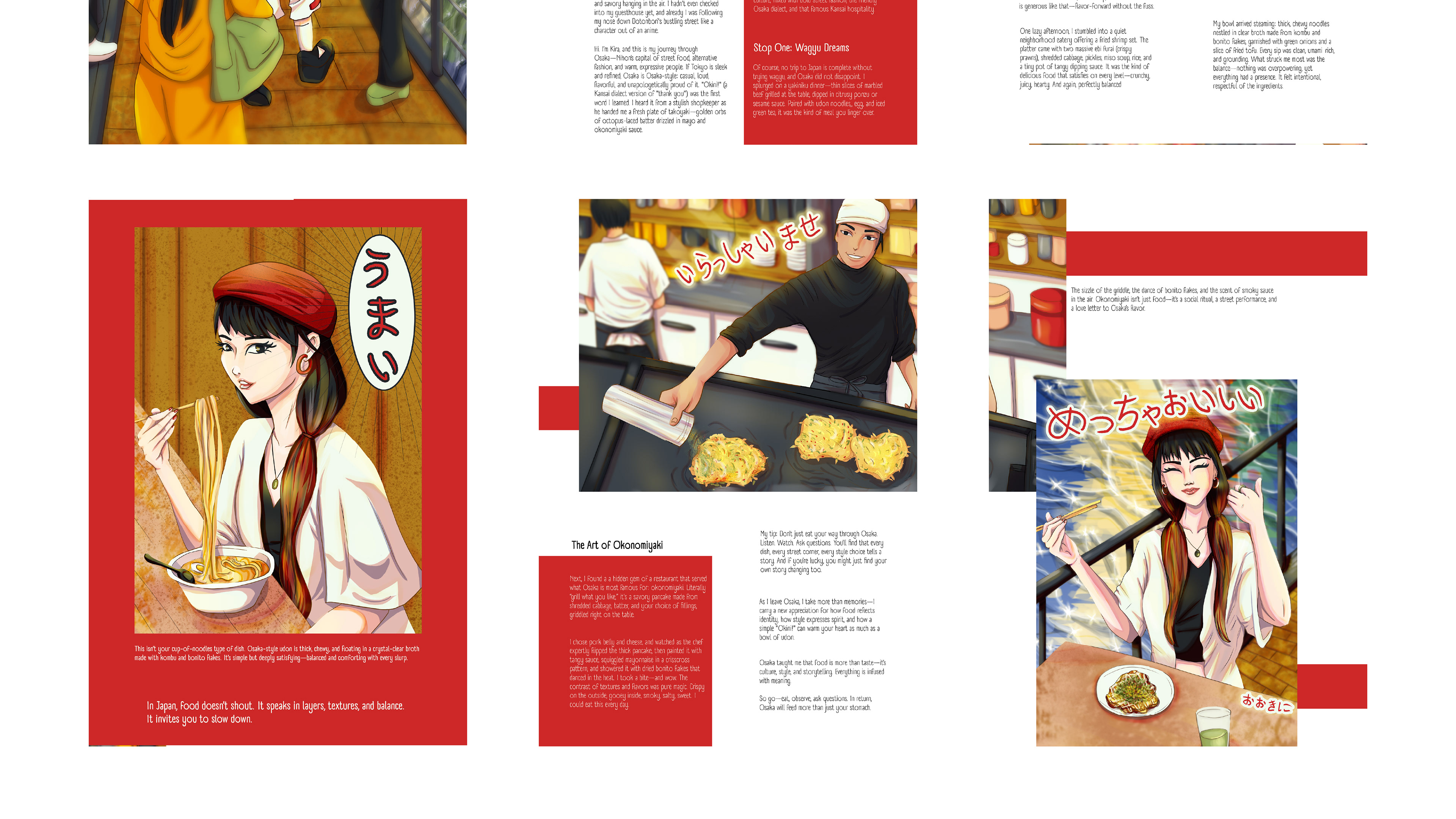 display of the magazine layout and mockup showing the Osaka Food editorial illustration created by Babs Perini. The sequence shows how the illustrations and the article would be disposed on a magazine page. The main colours are red and white, to reinforce the Japanese flag characteristic