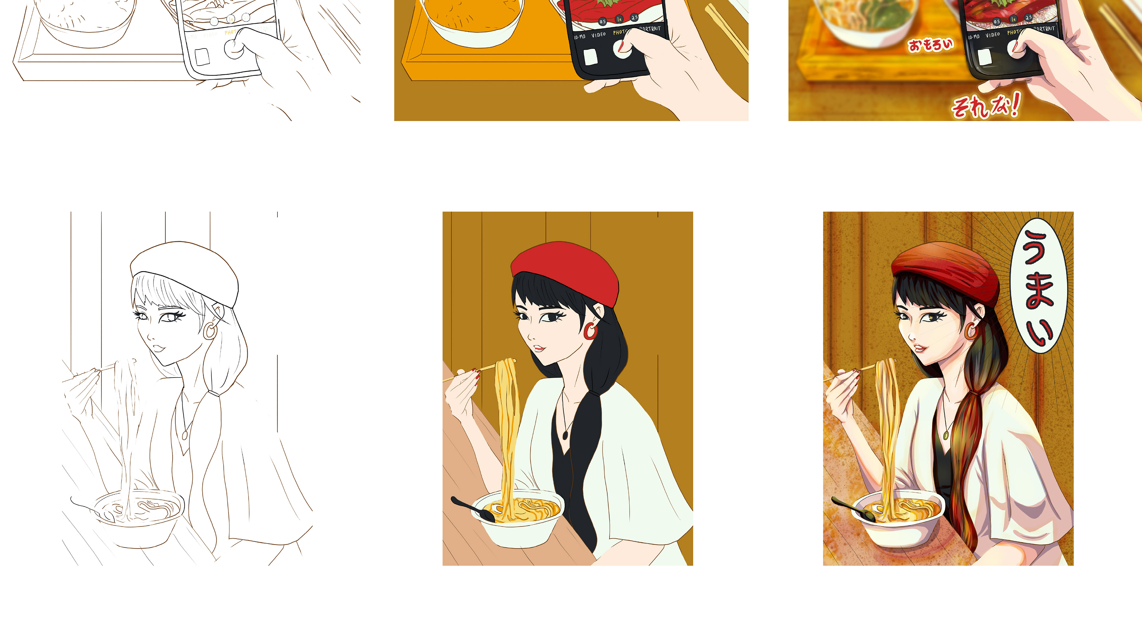 sequence the project process from sketch to flat colour to finished piece displaying the second and third illustrations of the Osaka Food Editorial Illustrations, a table with the food set and the character eating noodles. The first illlustration shows a food set, a bowl with fish and rice being photographed by the character. The picture highlights the phone screen and her hand taking the photo while the rest of the table on the background is blurred. The letterings in hiragana represent “interesting”, “the best”, “that’s it”, and “not bad”. The second illustration contains the girl character wearing a red hat, long hair, wearing a white shirt, and eating noodles with a boiled egg. The background is a wooden space, depicting a traditional Japanese-style restaurant