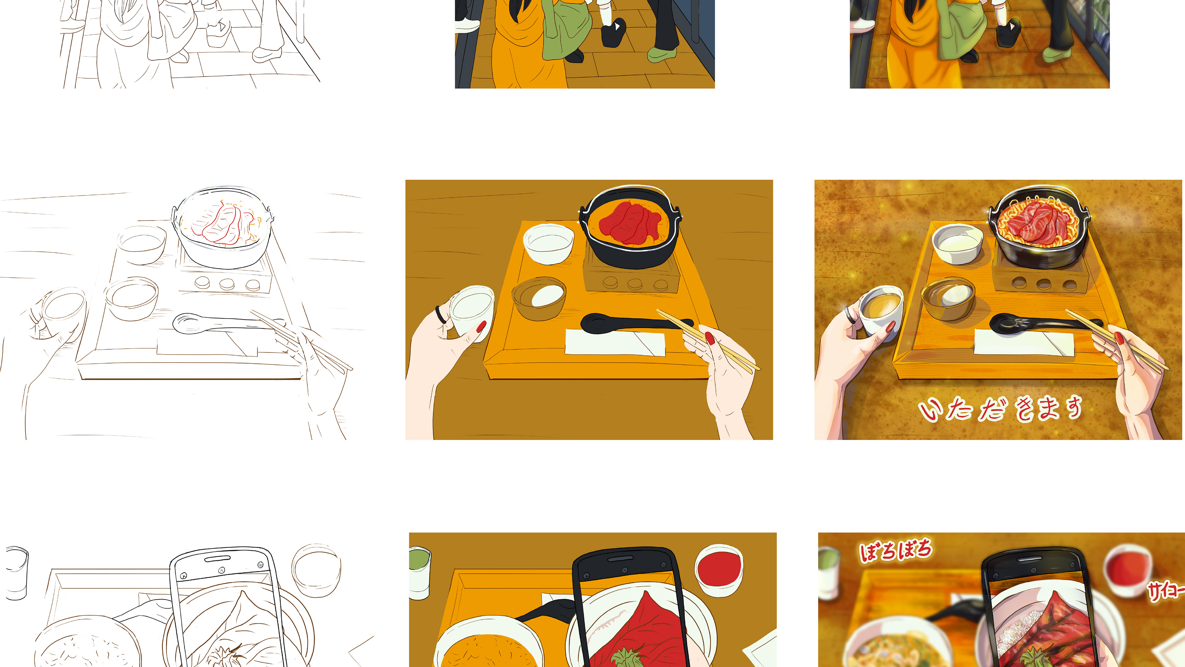 sequence the project process from sketch to flat colour to finished piece displaying the second and third illustrations of the Osaka Food Editorial Illustrations, a table with the food set. The first illlustration shows the wagyu udon in bright red. orange and wood style table. the lettering reads “itadakimasu” which means a way to thank for the food. The second illustration shows another food set, a bowl with fish and rice being photographed by the character. The picture highlights the phone screen and her hand taking the photo while the rest of the table on the background is blurred.