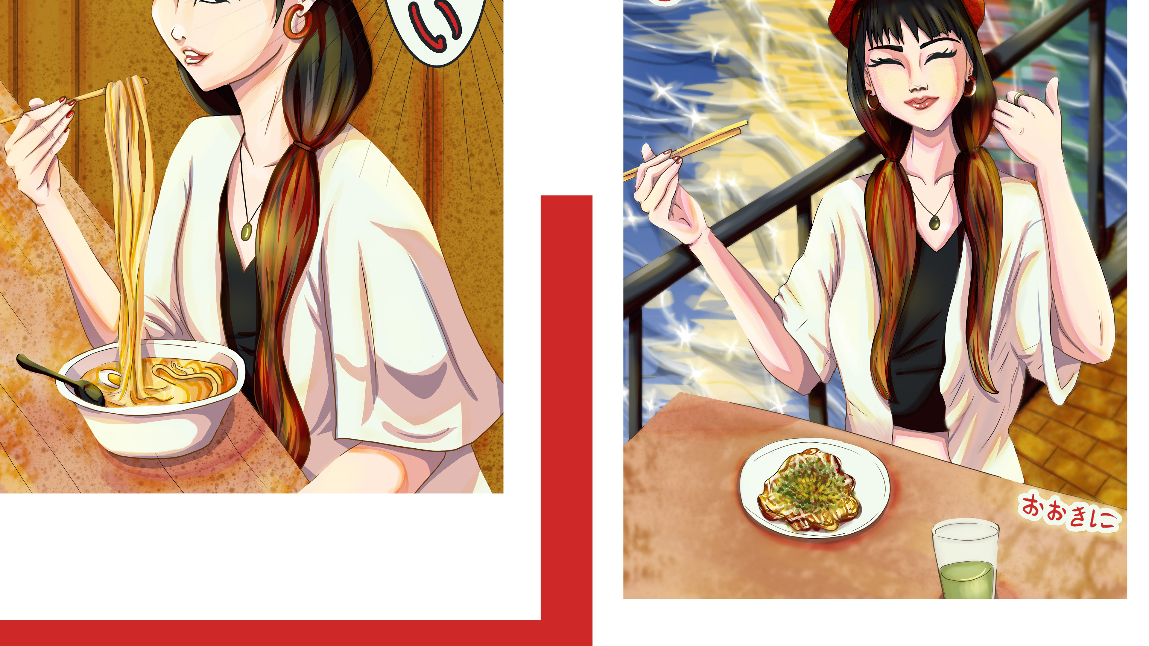 final illustrations of the Osaka Food Editorial Illustrations project by Babs Perini shown in a bigger size for more details. Illustration on the left side show the female character eating the noodles with a boiled egg in a typical wooden Japanese restaurant and the lettering in Japanese that means “yummy”. Illustration of the right side shows the same female character eating okonomiyaki at the river in the background, she smiles and signals thumb up that means she’s enjoying the food