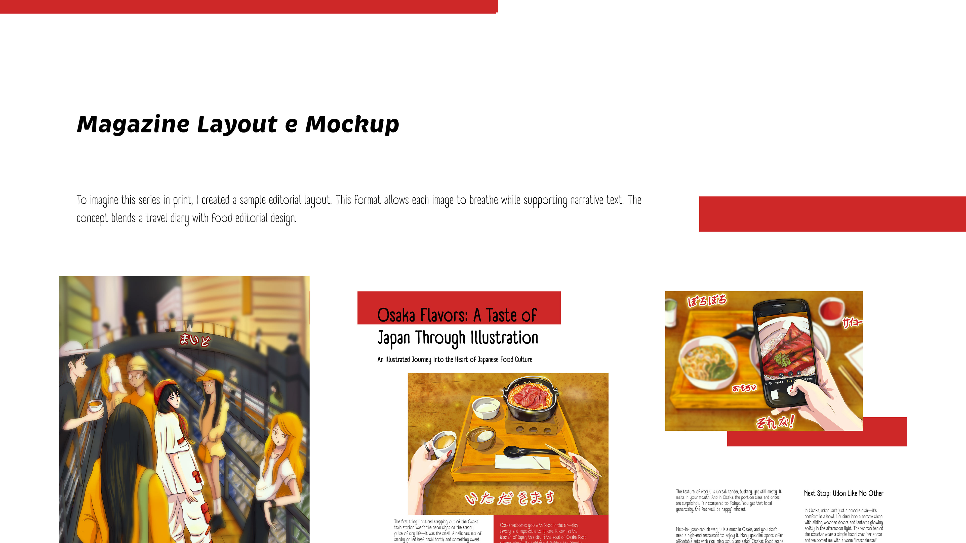 display of the magazine layout and mockup showing the Osaka Food editorial illustration created by Babs Perini. The sequence shows how the illustrations and the article would be disposed on a magazine page. The main colours are red and white, to reinforce the Japanese flag characteristic