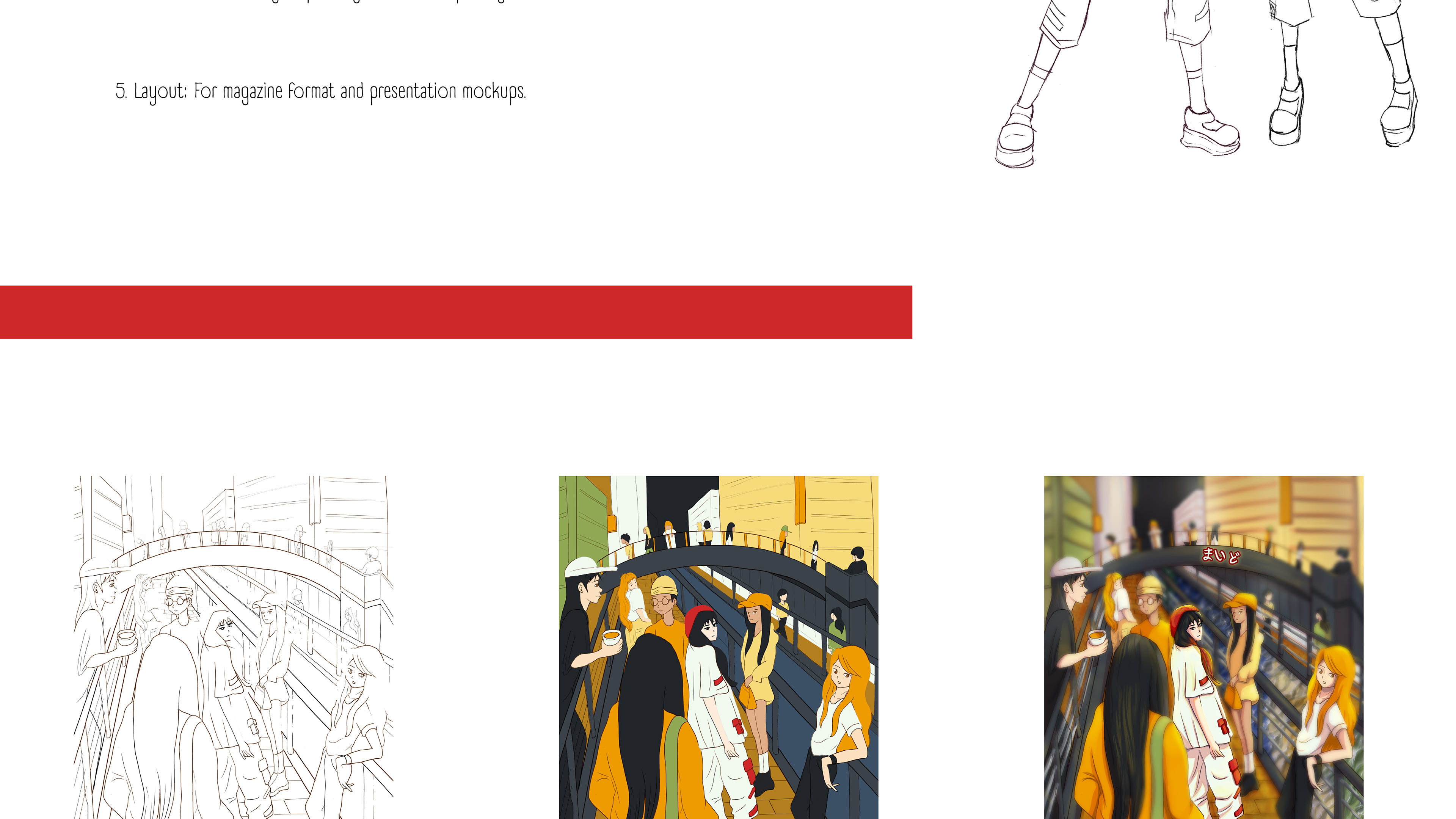 sequence the project process from sketch to flat colour to finished piece displaying the first illustration of the Osaka river, bridge, and nightlife of Osaka, with the character looking at the viewer surronded by other people. The final colours show her outfit in red and white to represent the Japan flag