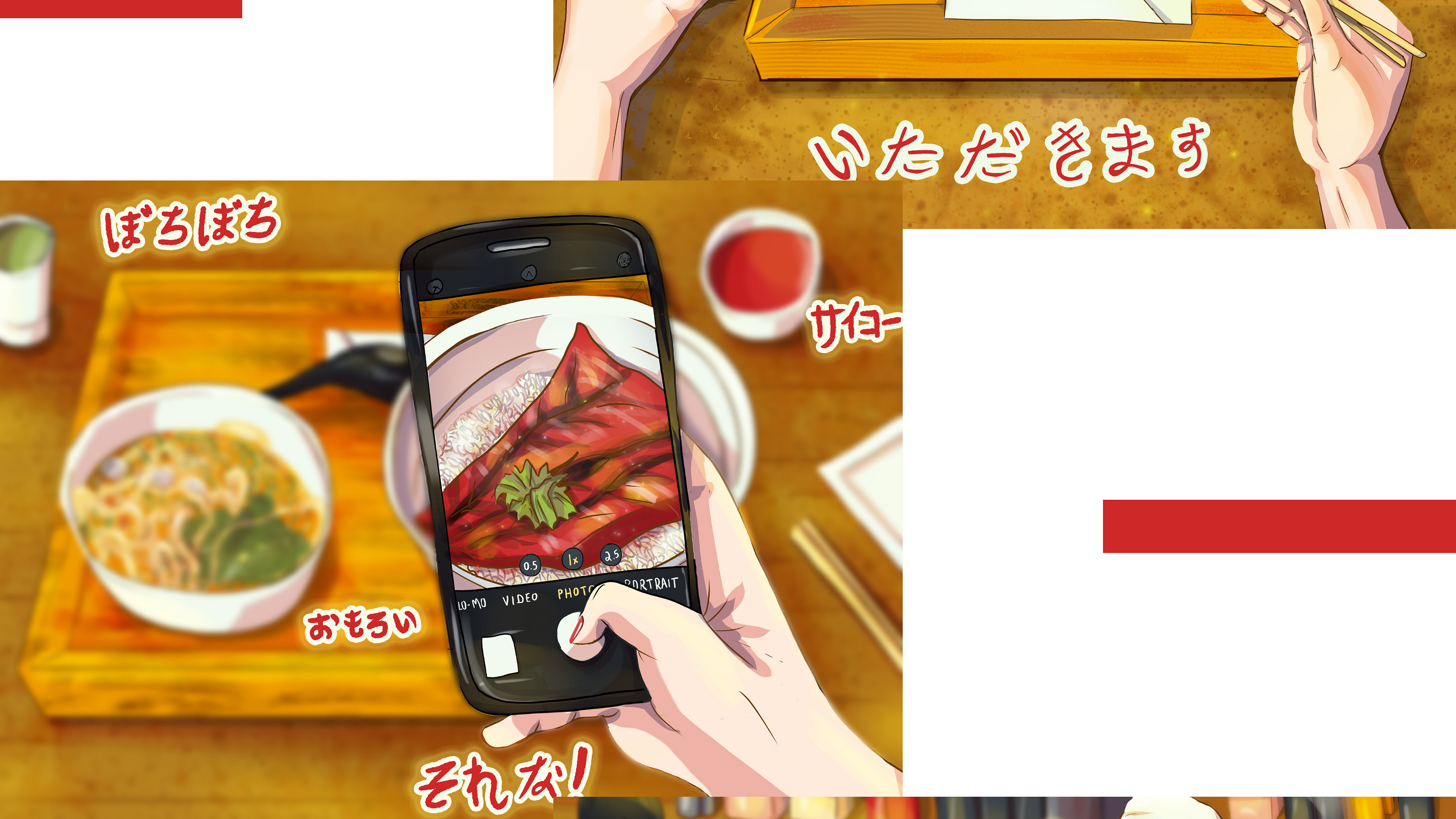 final illustrations of the Osaka Food Editorial Illustrations project by Babs Perini shown in a bigger size for more details. Illustration of the table food set showing the bowl of rice and fish, a bowl of noodles in the background plus a cup of tea and sauce. The composition of the illustration shows a hand with a phone taking a picture of the food, highlighting the bowl with fish and rice, while the background is blurred to give a sense of depth