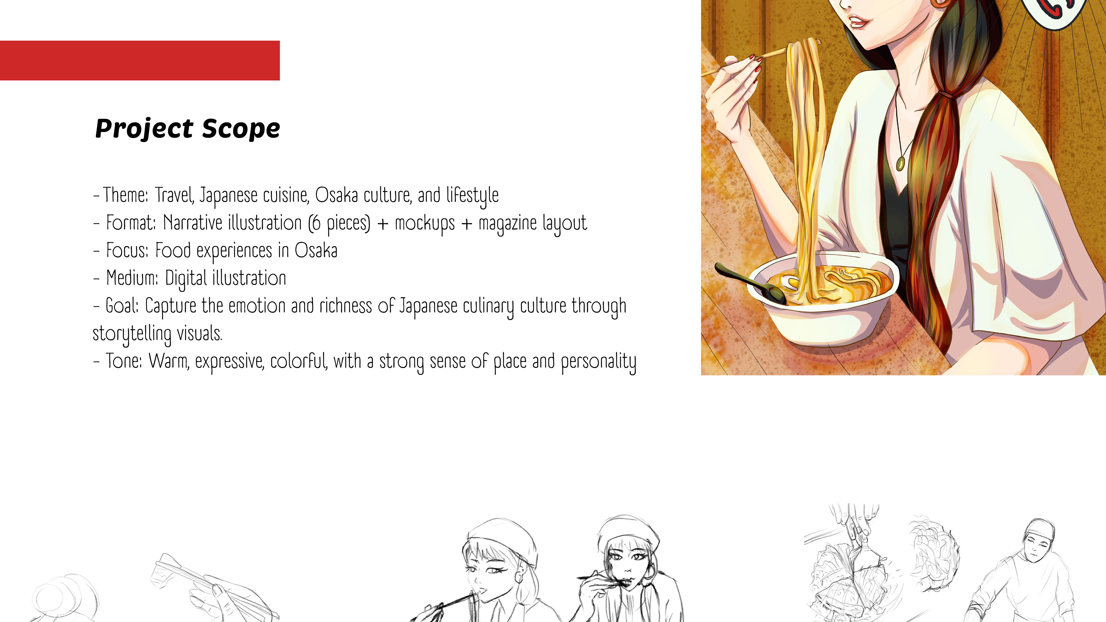 presentation and information of the editorial illustration project scope, Osaka Food Editorial Illustration containing sketches of the process and a coloured version of the female character wearing red hat and eating noodles in a Japanese restaurant with the thought balloon effect reading the hiragana word for "umai" which means yummy