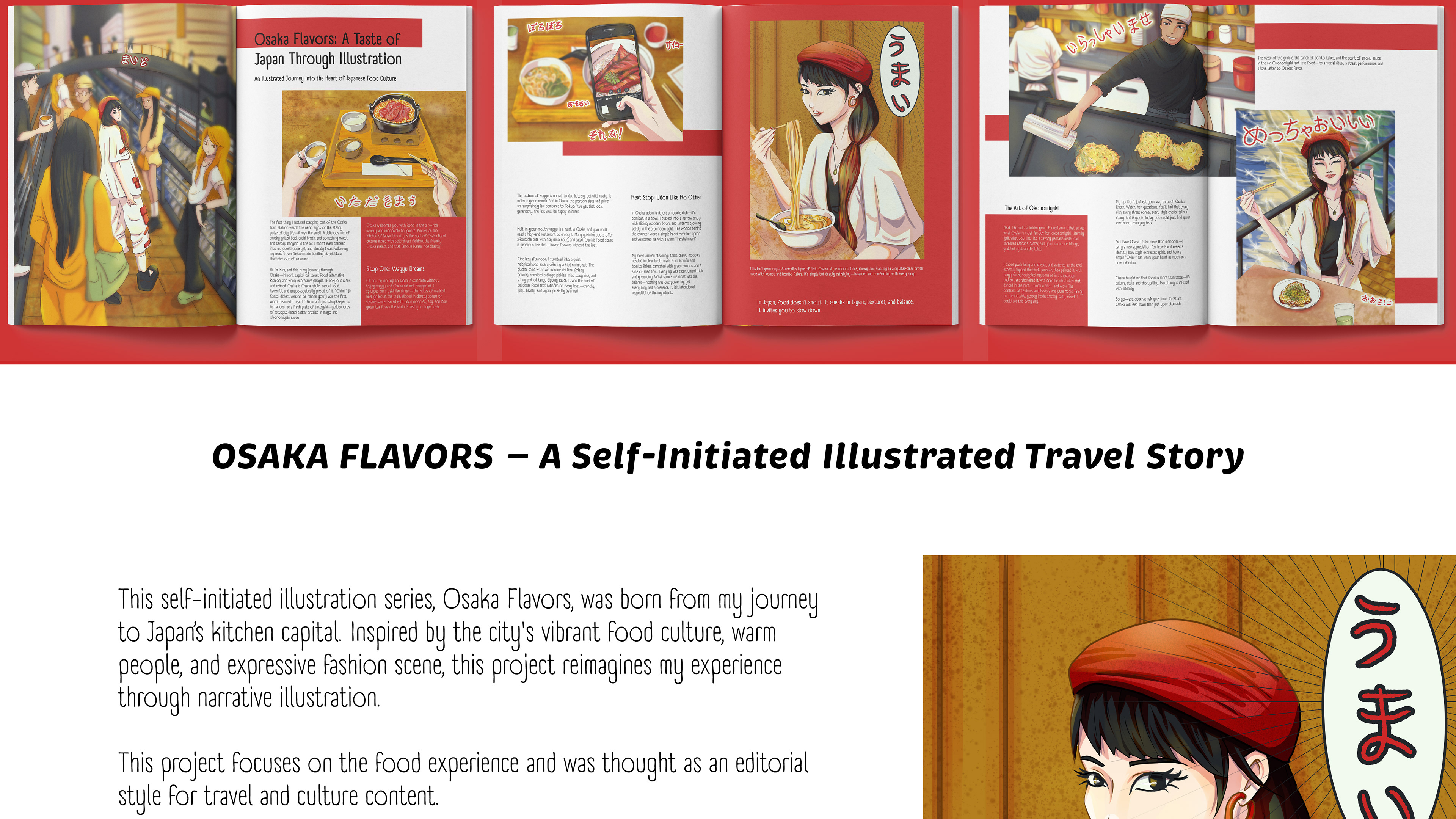 introduction and presentation of the illustration project called Osaka Food Editorial Illustration containing images of magazine mockup displayed on the header and the illustration of the female character wearing red hat and eating noodles in a Japanese restaurant with the thought balloon effect reading the hiragana word for "umai" which means yummy