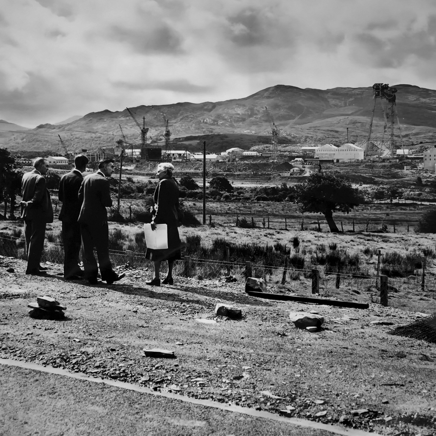 The image above shows Dame Sylvia Crowe during a site inspection with the Central Electricity Board chief engineers at Trawsfynydd in 1962. The Image is from the Dame Sylvia Crowe Archive, © MERL Archives Reading - AR CRO PH3-I-II