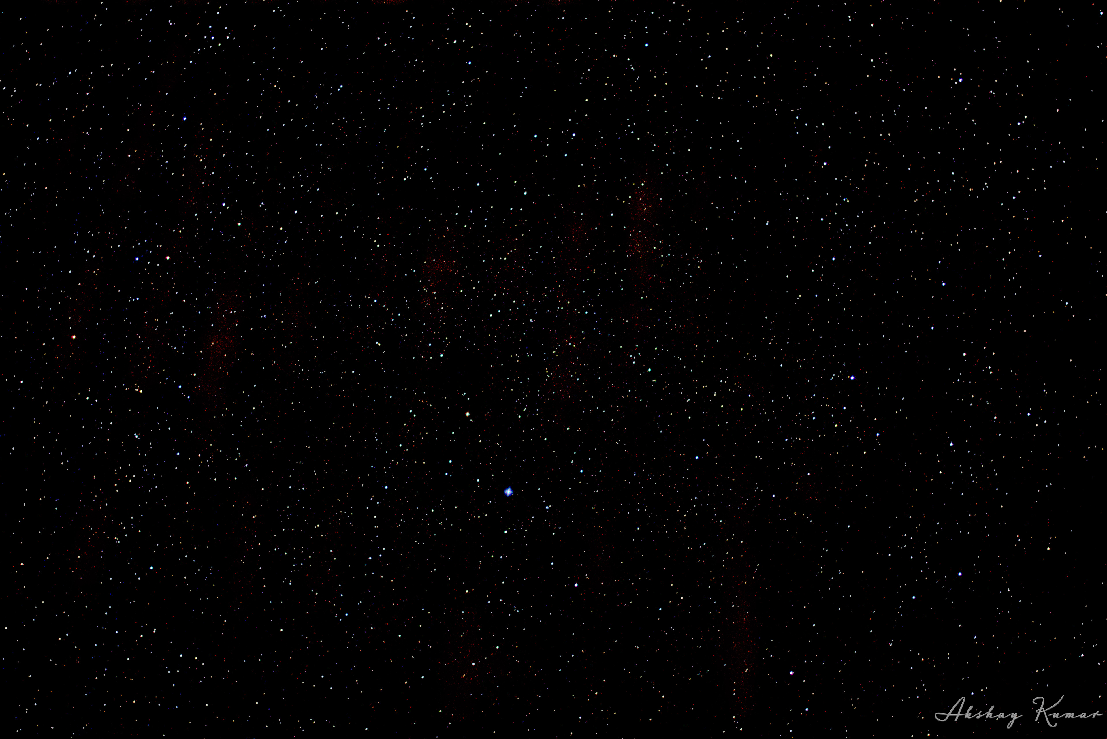 Parts of constellations Aquila (Aql) and Sagitta (Sge) in the night sky. They were showing up around the middle of galactic center and very colourful stars are seen in the frame. Brightest stars in the frame are βSge, αSge, ιAql, ηAql, δSge, Alshain (βAql), γSge, δAql, Tarazed (γAql), Altair (αAql).