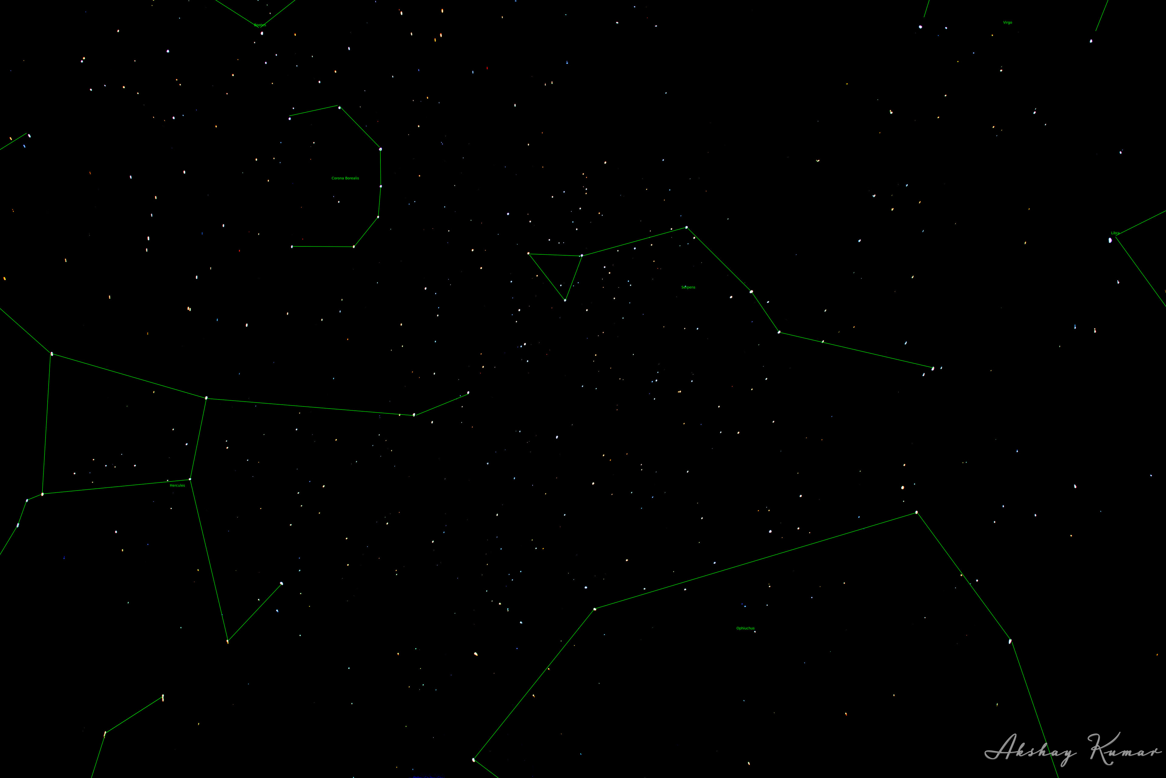 Constellations Hercules, Corona Borealis and Serpens in the night sky. Frame also contains portions of constellations Virgo and Ophiuchus. Brightest stars in the frame are πHer, δHer, ζHer, Kornephoros (βHer), Yed Prior (δOph), Unukalhai (αSer), Zubeneschamali (βLib), ζOph, Gemma (αCrB), Alphecca and Rasalhague (αOph)
