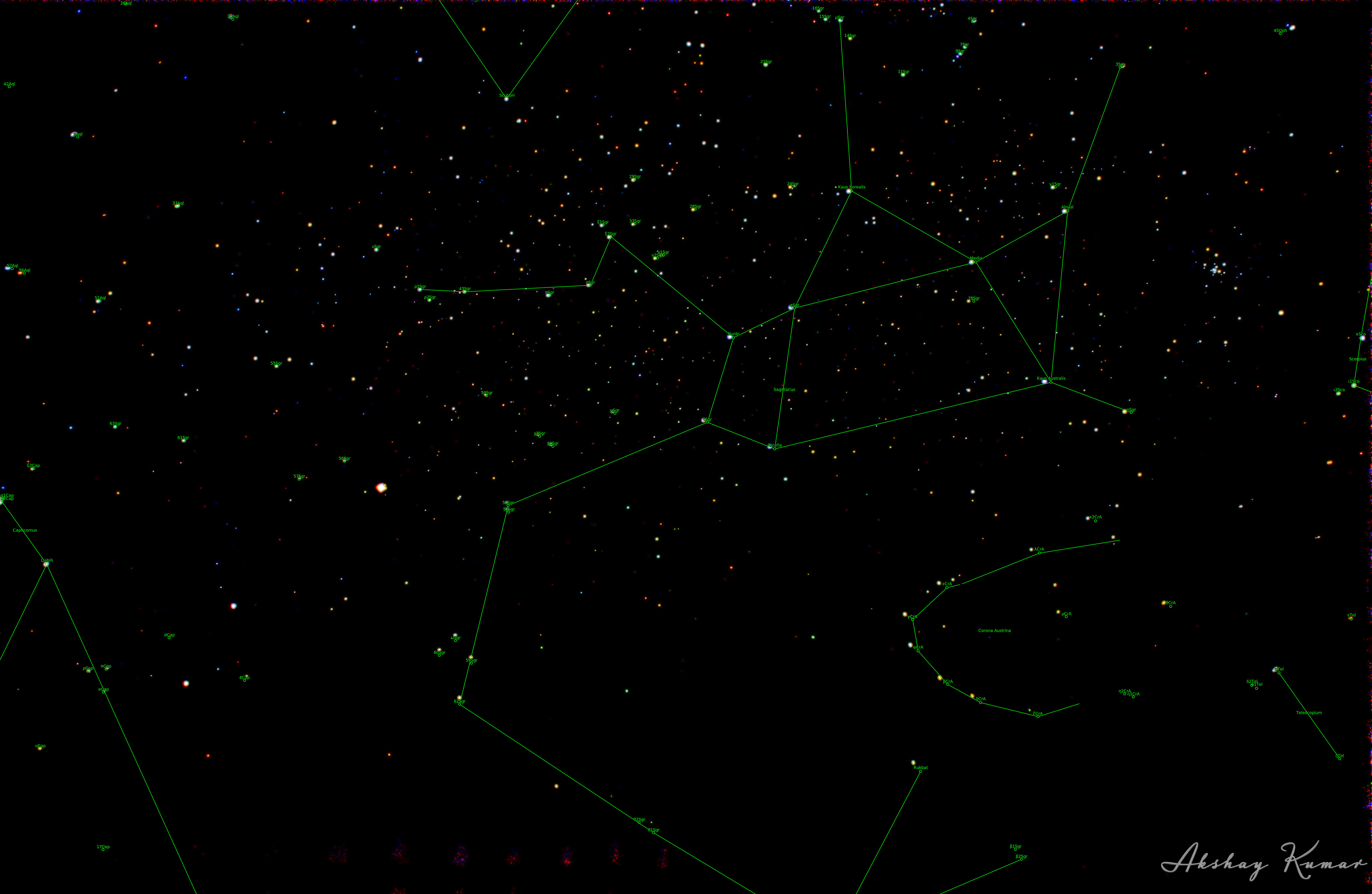 Conjunction of Saturn, Jupiter, Pluto and Mars in Sagittarius constellation. Parts of constellation Corona Austrina, Capricornus, Scorpius and Telesopium are also visible. Other elements of the frame include the nebulae NGC6727, NGC6526, M8, Lagoon Nebula, NGC6523. Brightest stars in the frame are ι1Sco, Alnasl (γ2Sgr), πSgr, Kaus Borealis (λSgr), Media (δSgr), Ascella (ζSgr), κSco, Nunki (σSgr), Kaus Australis (εSgr), Shaula (λSco), Scutum.