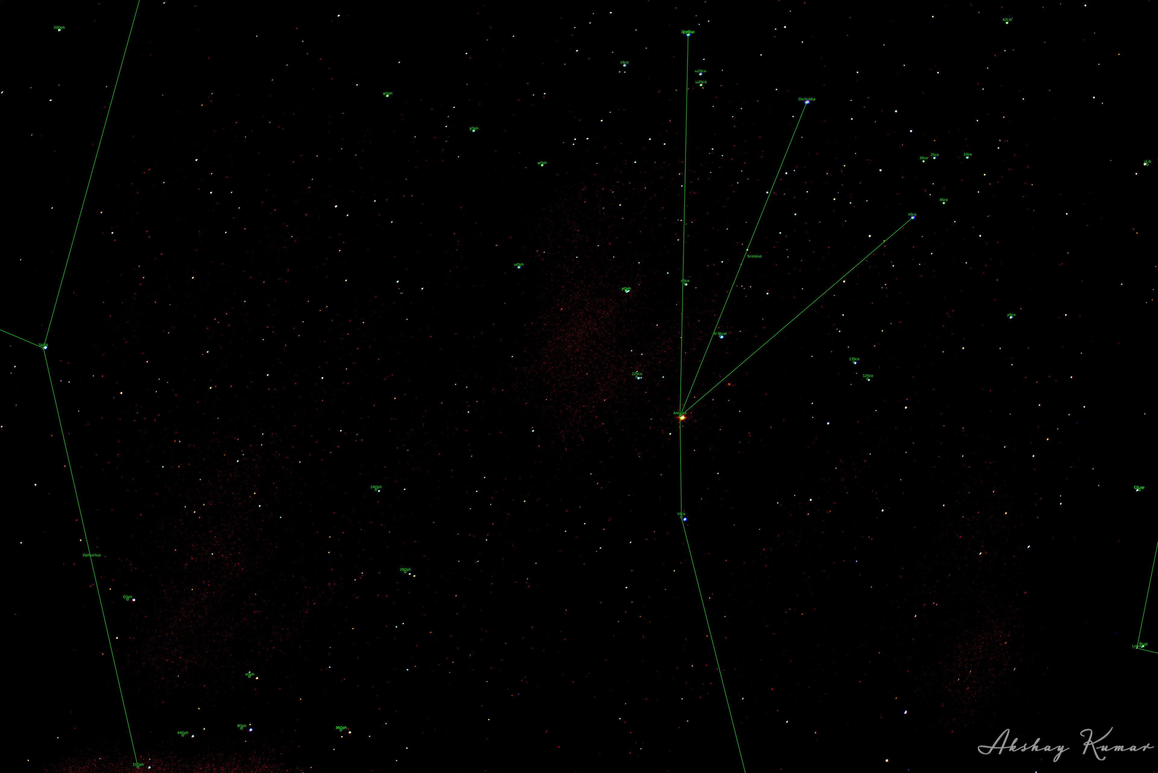 Brightest stars of Scorpius constellation. Also visible in the frame are M4, NGC6121, IC4605, rho Oph Nebula, IC4604, IC4592, ρSco, υLib, θOph, τSco, Al Niyat (σSco), πSco, Graffias (β1Sco), Sabik (ηOph), Dschubba (δSco), Antares (αSco), Part of the constellation Scorpius (Sco), Part of the constellation Ophiuchus (Oph)