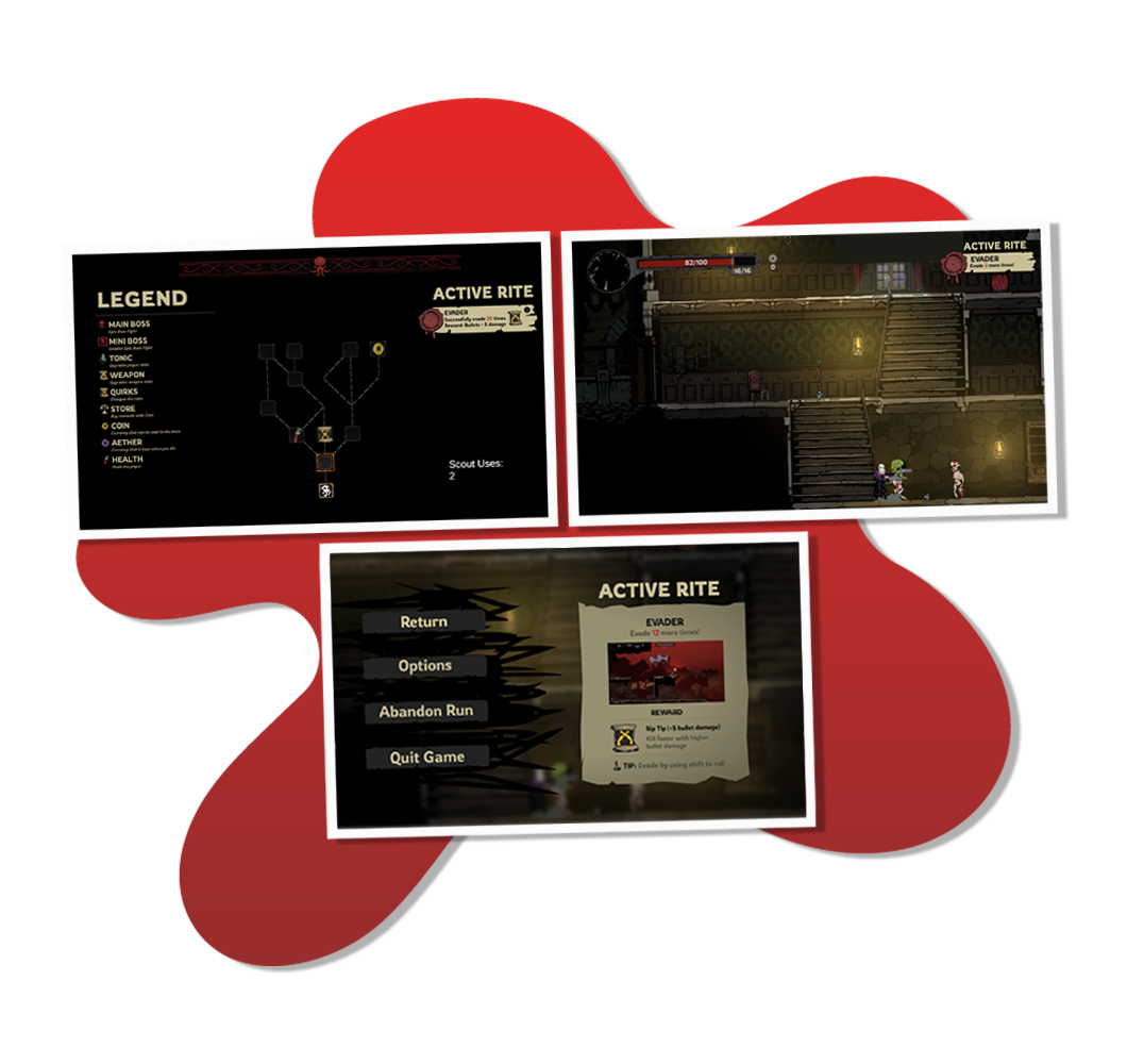 3 screenshots from our prototype, showing off how our concept looks on the "Level Tree", in the level, and in the pause menu. The screenshots has a white frame, and lies on top of a red liquid shape, slightly resembling a pool of blood.