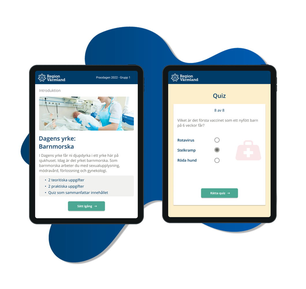 Two iPad mockups showing the third and final activity named "Today's Profession". The mockups include screenshots from the activity introduction and one of from the final quiz. The mockups lie on top of a blue liquid shape.