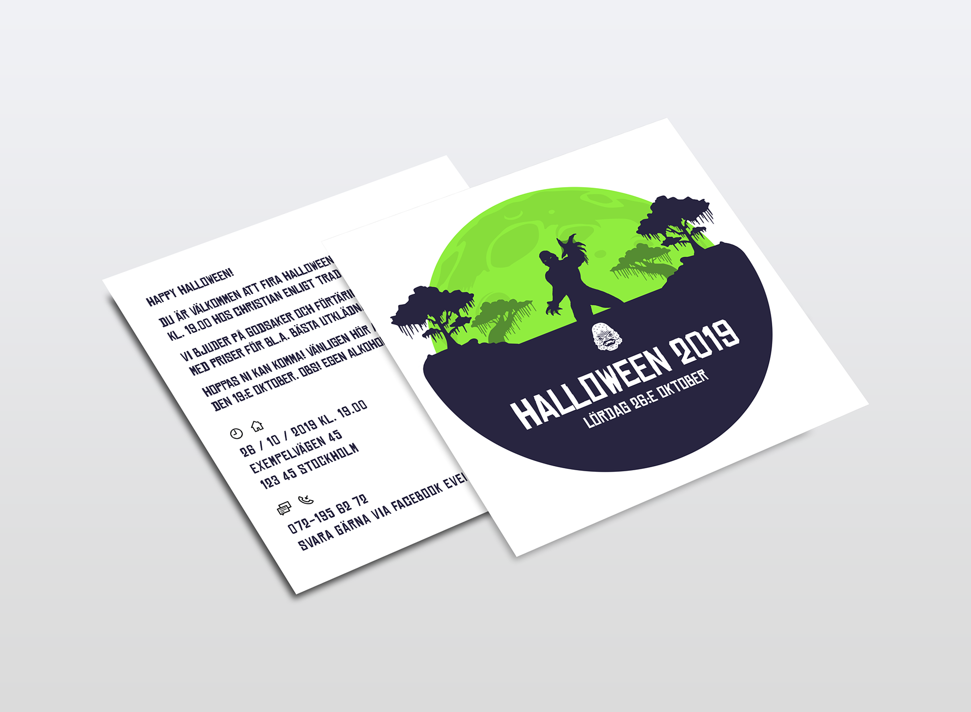 A mock-up picture of my invitation card "Swamp Creature Attacks" used Halloween 2019 in a square card format.