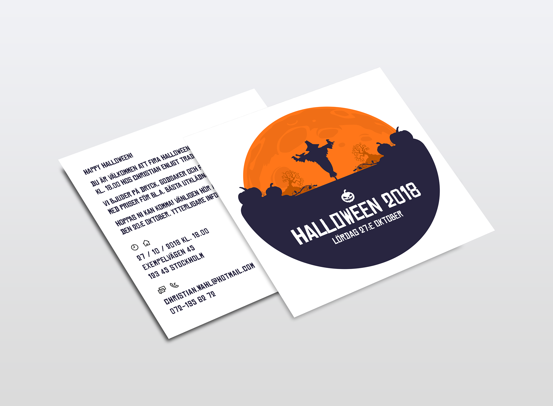 A mock-up picture of my invitation card "Pumpkin Fields" used Halloween 2018 in a square card format.