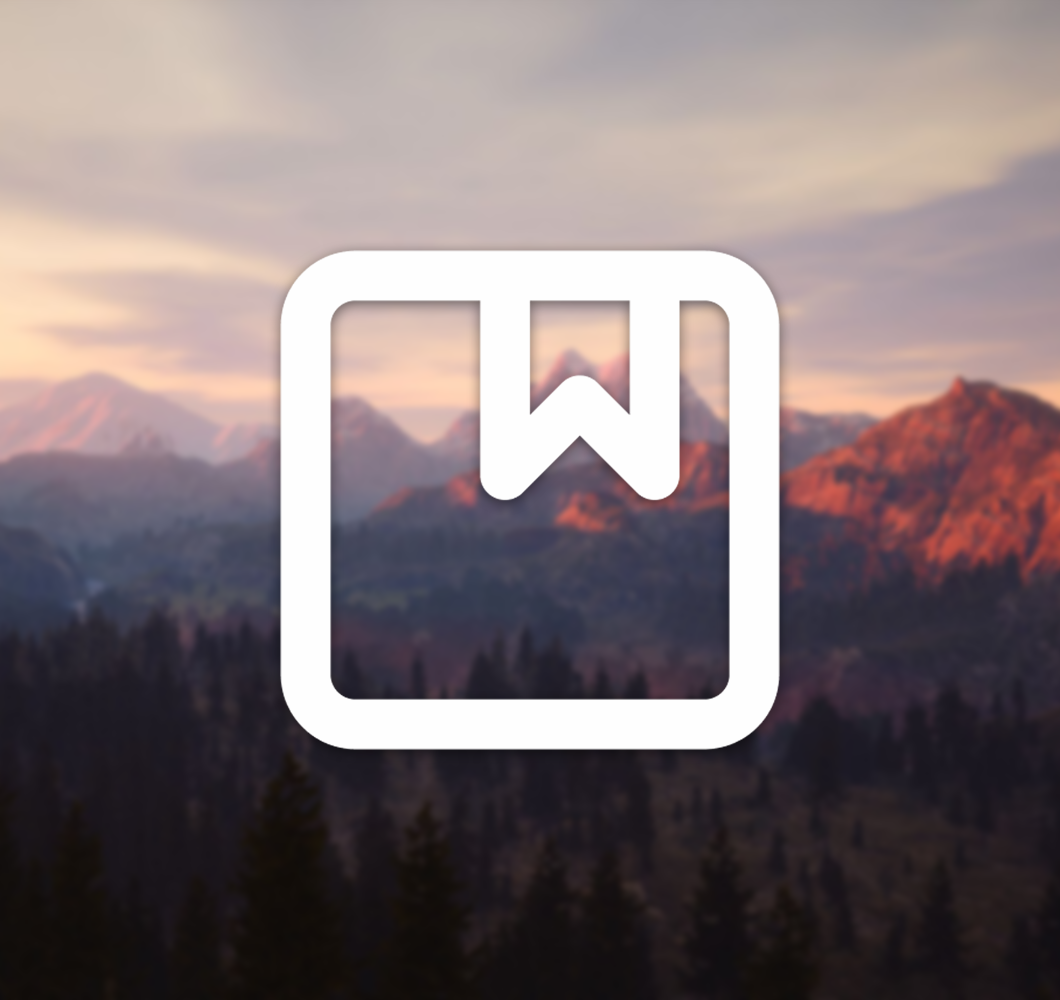 A white bookmark icon infront of a slightly out of focus picture of the sunset over Valley Vista in Mainframe's upcoming MMO.