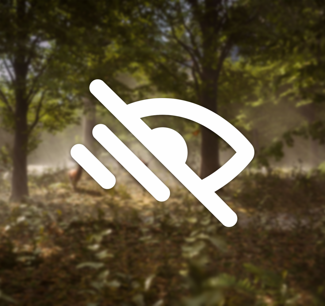 A white icon of an eye with lines drawn over it (The symbol for visual impairment) infront of a slightly out of focus picture of the Deer Forest at day in Mainframe's upcoming MMO.