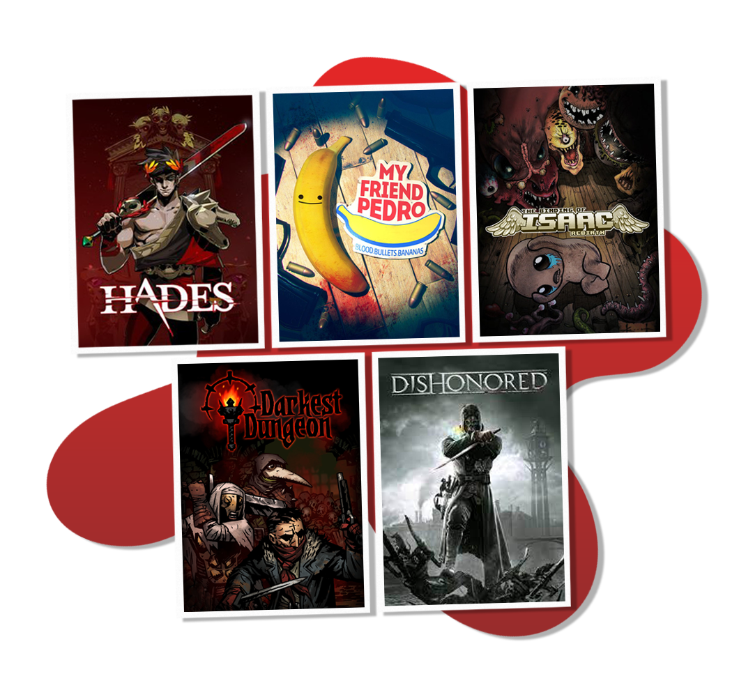 5 pieces of box art, one for each roguelike game we playtested (besides Madshot). The screenshots has a white frame, and lies on top of a red liquid shape, slightly resembling a pool of blood.