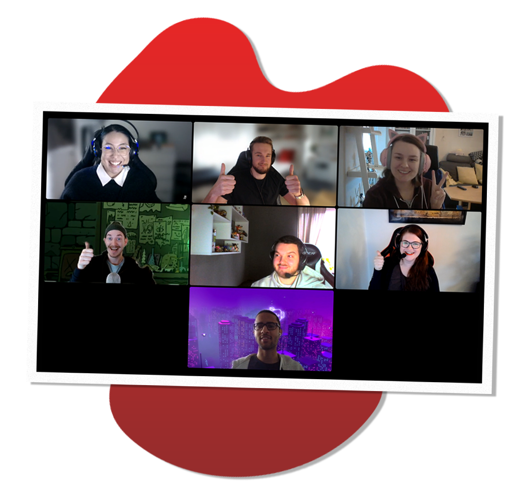 A screenshot from one of the video meetings our group had with Overflow with all group members plus Jonathan and Samuel present. The screenshot has a white frame, and lies on top of a red liquid shape, slightly resembling a pool of blood.