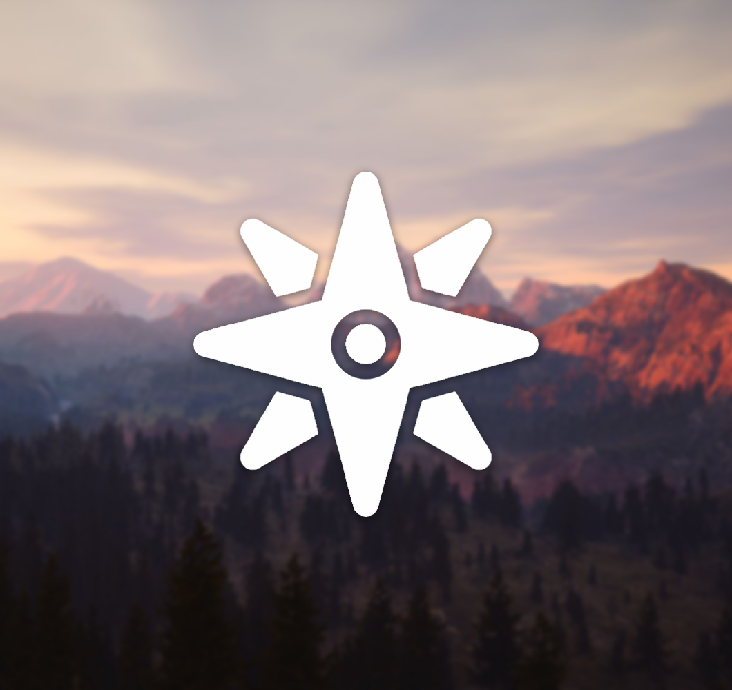 A white icon of the latitudes infront of a slightly out of focus picture of the sunset over Valley Vista in Mainframe's upcoming MMO.