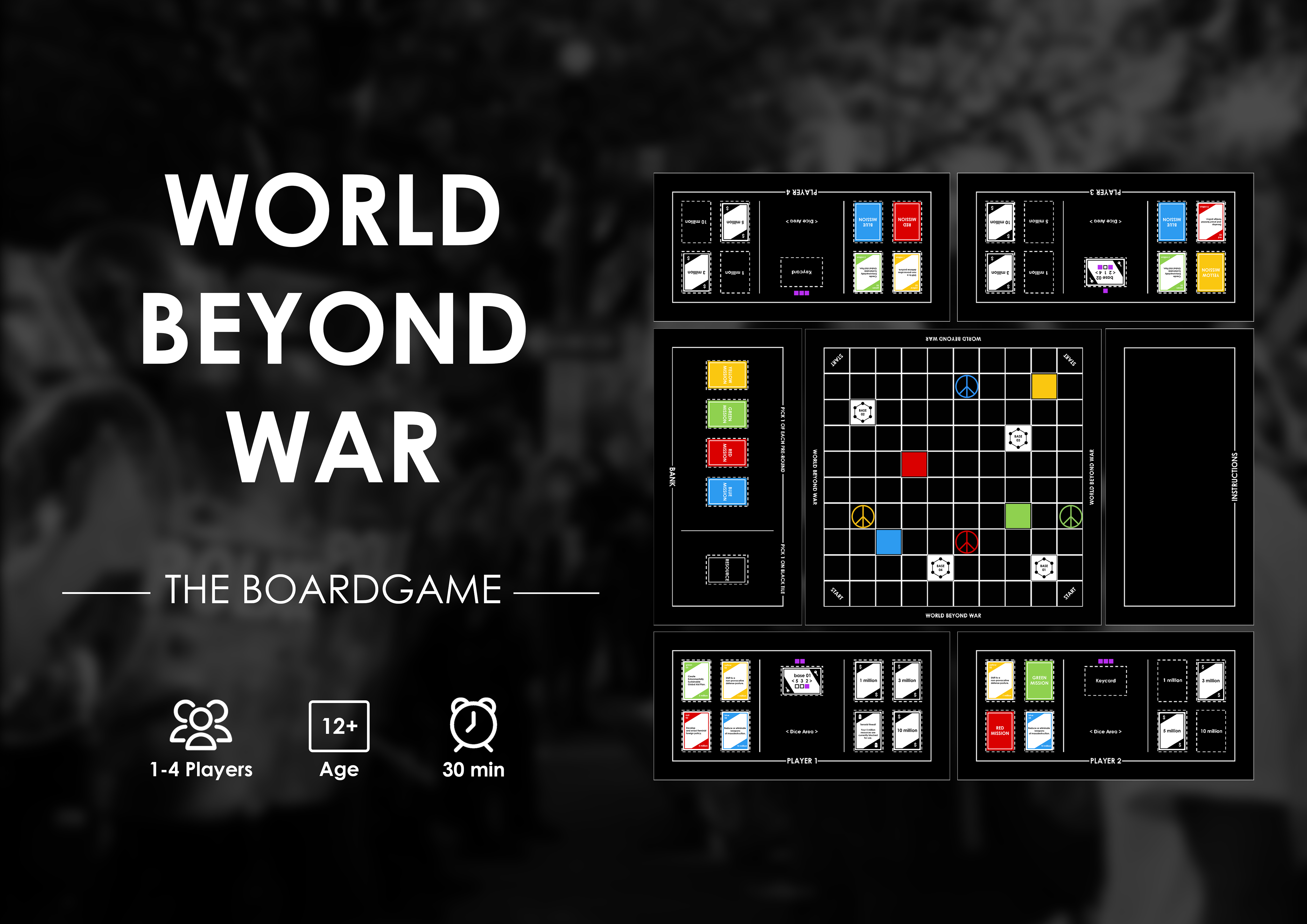 Simplified sellsheet for out game "World Beyond War - The Boardgame". 1-4 players, Ages 12+, 30 minutes playtime