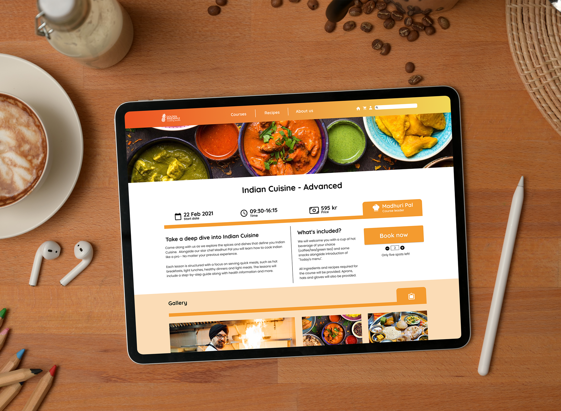 A mock-up picture of our cooking sites course overview on an iPad Pro tablet.