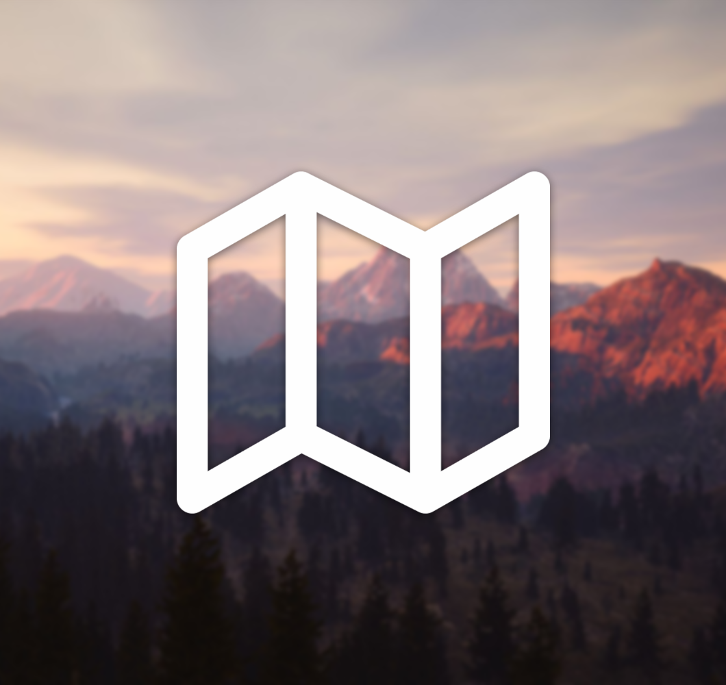 A white unfolded map icon infront of a slightly out of focus picture of the sunset over Valley Vista in Mainframe's upcoming MMO.