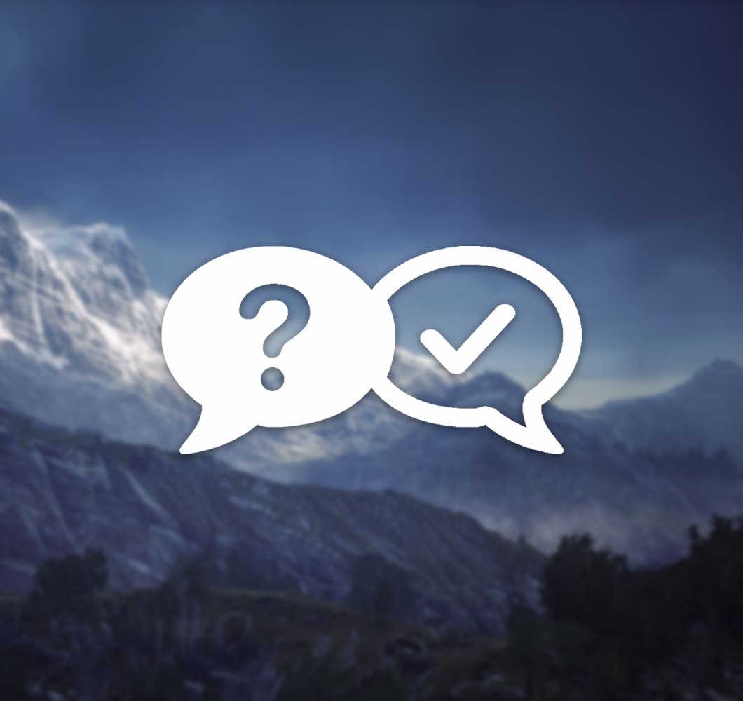 Two speech bubble icons, one with a questionmark in it, and the other with a checkmark in it infront of a slightly out of focus picture of the Blue Lands at dawn in Mainframe's upcoming MMO.