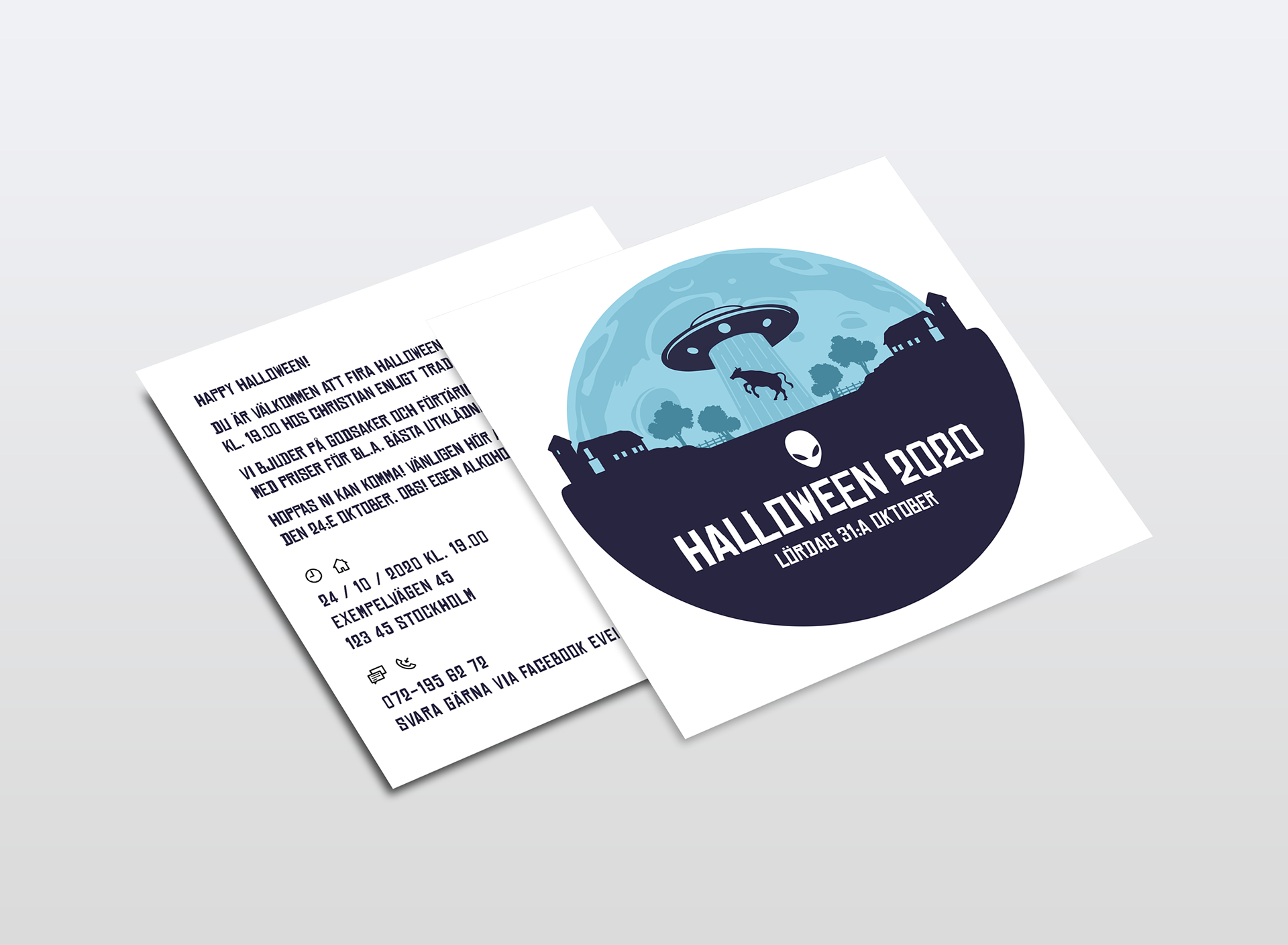 A mock-up picture of my invitation card "Alien Abduction" used Halloween 2020 in a square card format.