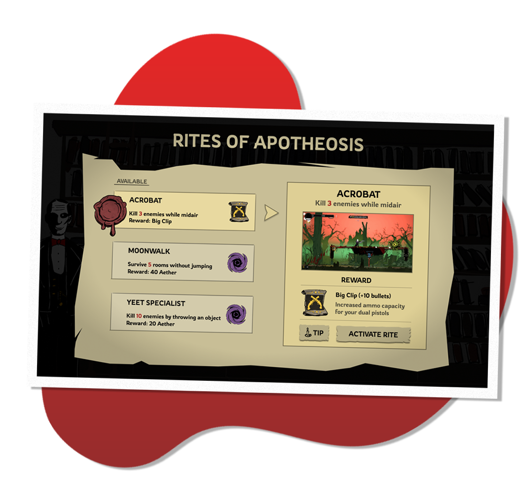 A screenshot of the "Rites Hub" menu, were the player is currently looking at the challenge "Acrobat - Kill 3 enemies while midair". The screenshot has a white frame, and lies on top of a red liquid shape, slightly resembling a pool of blood.