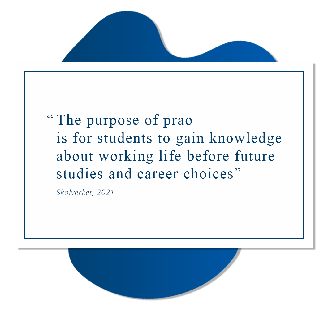 A quote from "Skolverket" reads: "The purpose of prao is for students to gain knowledge about working life before future studies and career choices". The quote sits on top of a white card with a blue inner frame, the card lies on top of a blue liquid shape.